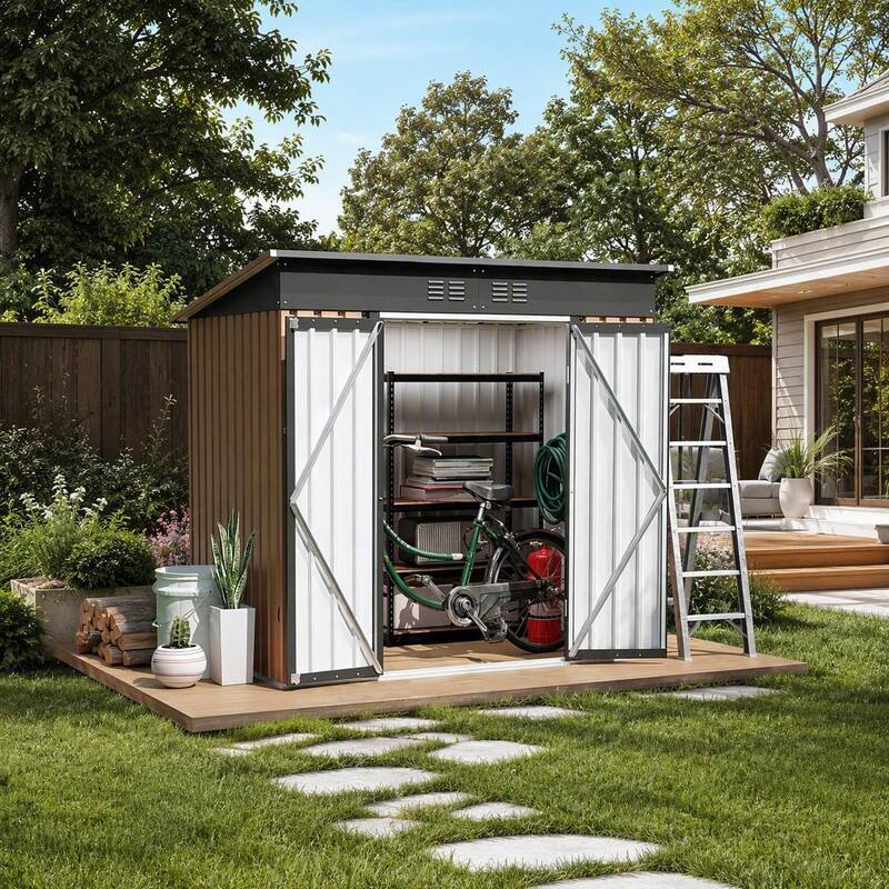 Back. RYHNUYNE - 6x4 FT Brown Metal Garden Storage Shed with Hinge Door & Pent Roof, Outdoor Shed for Tool Storage - Black.