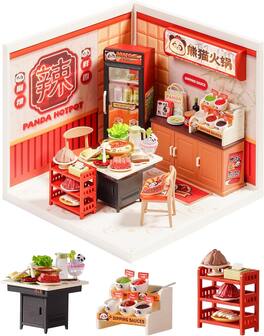 Robotime - Rolife Super Creator Series, DIY Mini Panda Hot Pot Dollhouse House Kit, Bulid Scenary for Action Collectible Figures - Brown