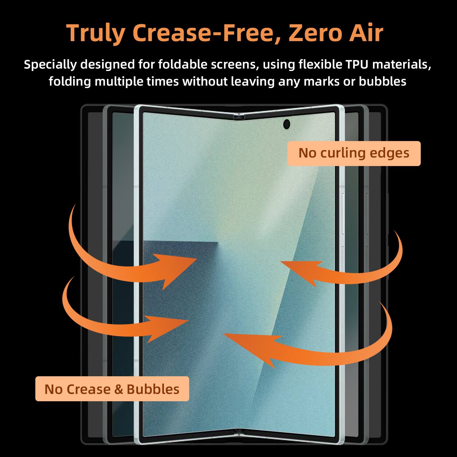 Truly Crease-Free, Zero Air

Specially designed for foldable screens, using flexible TPU materials, folding multiple times without leaving any marks or bubbles

No curling edges

No Crease & Bubbles