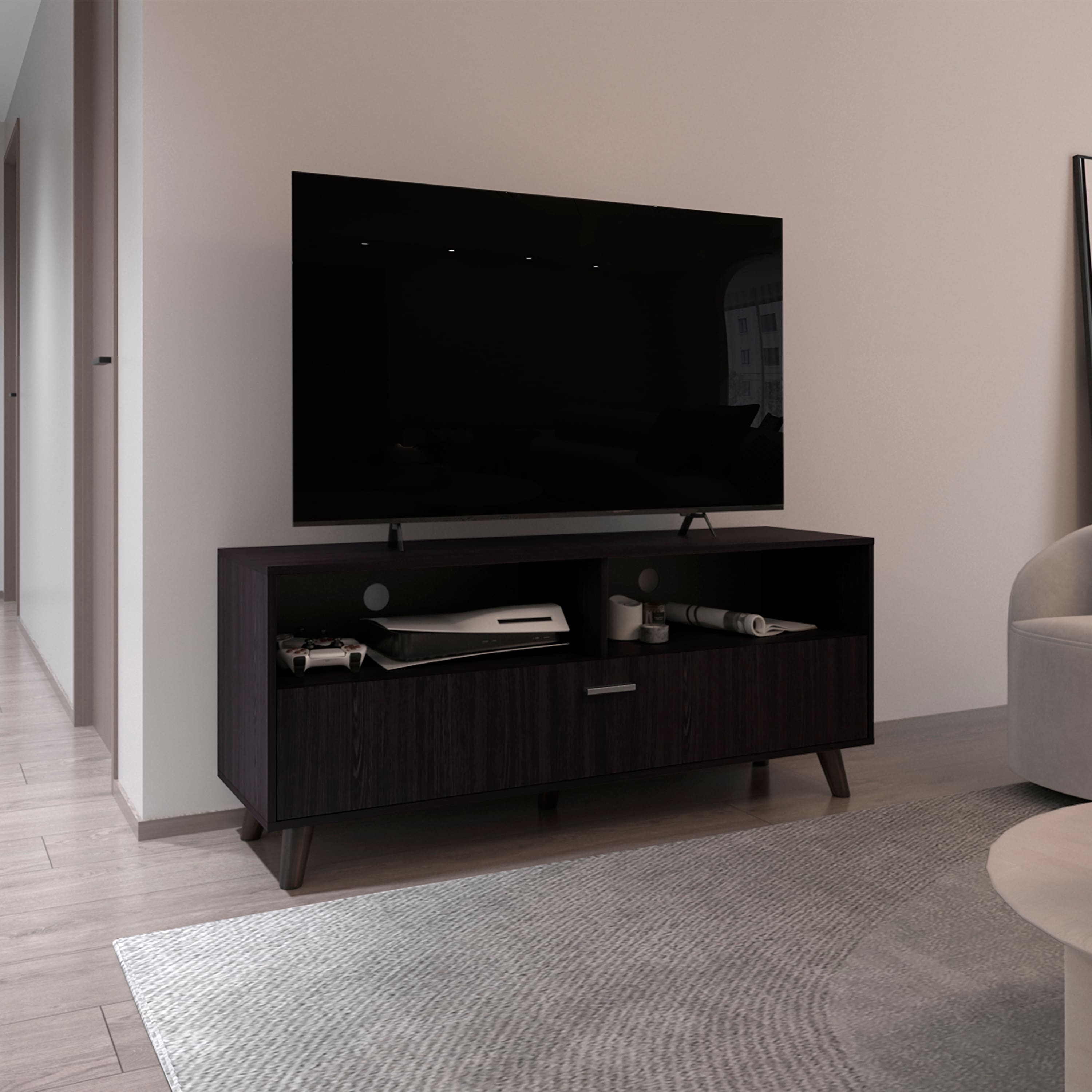 APRILSOUL - Tv Stand 2 Doors Open Storage Shelves Modern Entertainment Center - Black