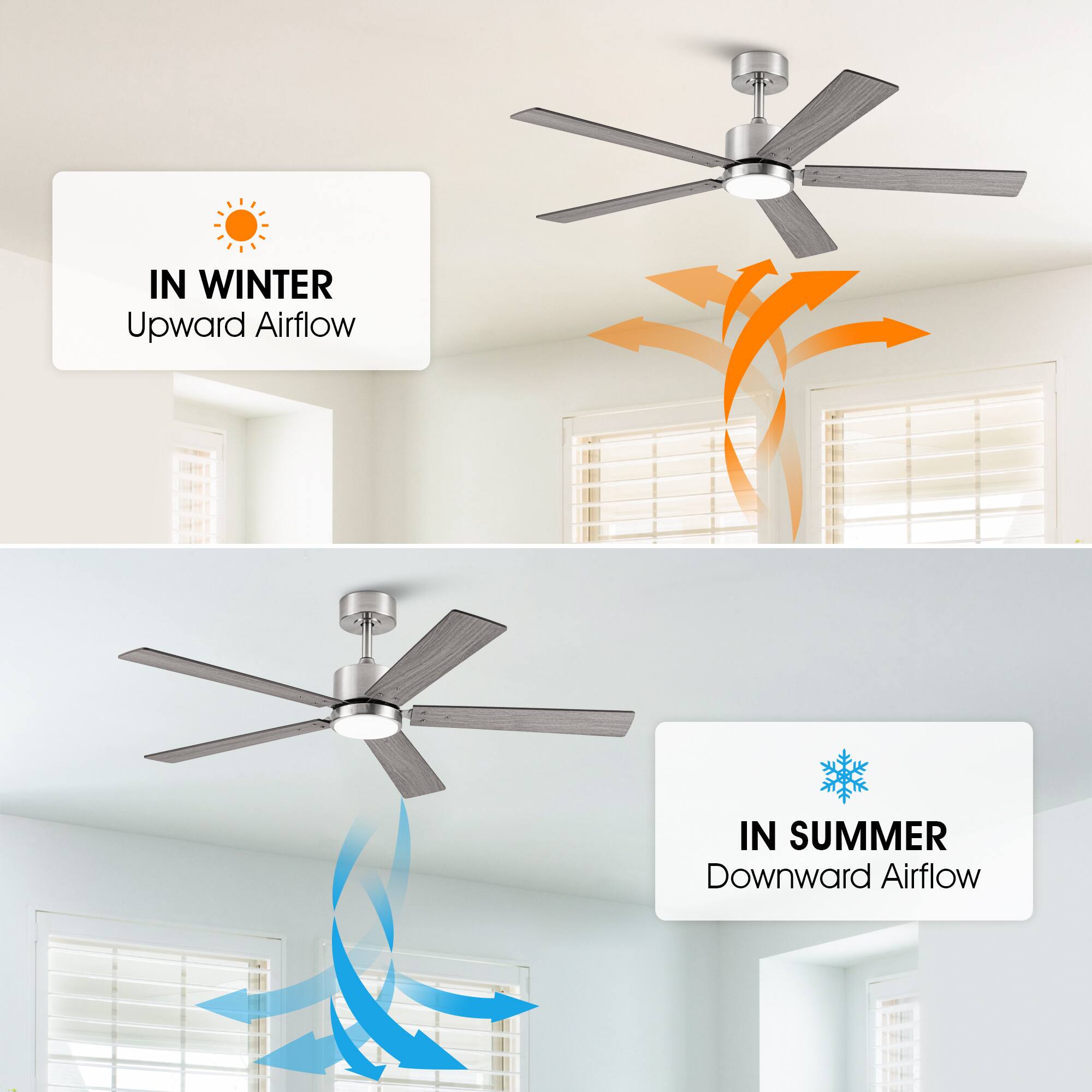 IN WINTER  
Upward Airflow  

IN SUMMER  
Downward Airflow