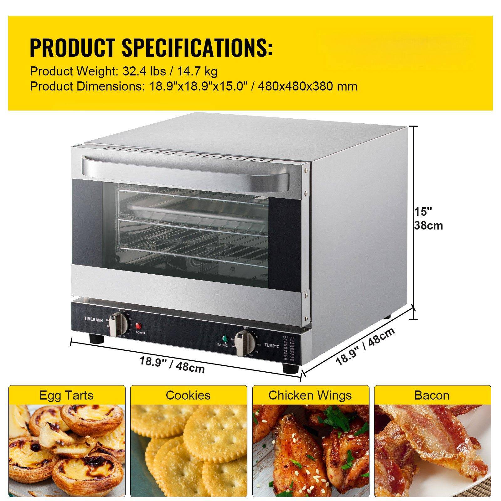 **PRODUCT SPECIFICATIONS:**

- **Product Weight:** 32.4 lbs / 14.7 kg
- **Product Dimensions:** 18.9" x 18.9" x 15.0" / 480 x 480 x 380 mm

**TIMER MIN**  
**POWER**  
**TEMP °C**

**Egg Tarts**  
**Cookies**  
**Chicken Wings**  
**Bacon**