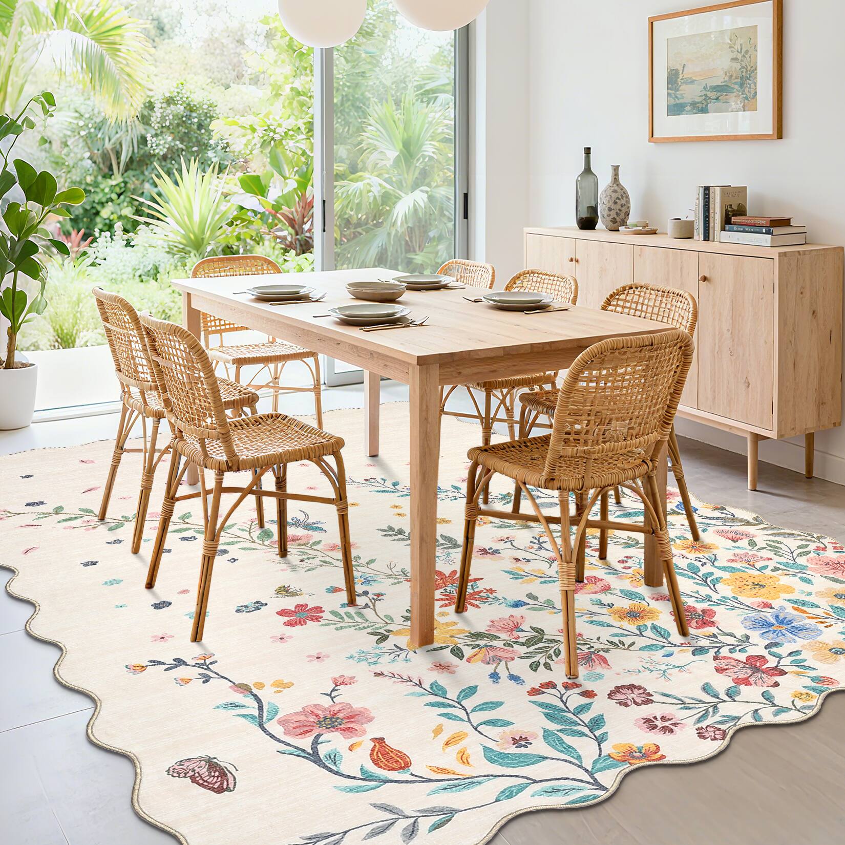 Left. Jojoka - Pastoral Garden Rug Enchanted Floral & Insect Print Washable Carpet Soft Ultra-Thin for Boho Bedrooms & Living Rooms - Beige.