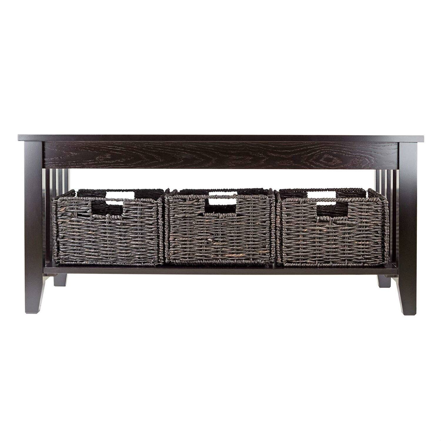 Angle. SlickBlue - Multi-Tier Coffee Table with 3 Storage Baskets, Modern Design - Espresso.