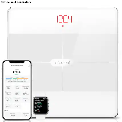 Device sold separately. Measurement Details: arboleaf Weight: 120.4 lb. Normal: 11240-15140 lb. Overweight: 180.5 lb. Obesity: 19.8 lb. Sealatar Muscle: 44.9 lb. Muscle Mass: 87.4 lb. Prominence: 18.4% Body Type: Normal Body Fat: 23% Other: EM 198 Body Type: Normal Age: 24