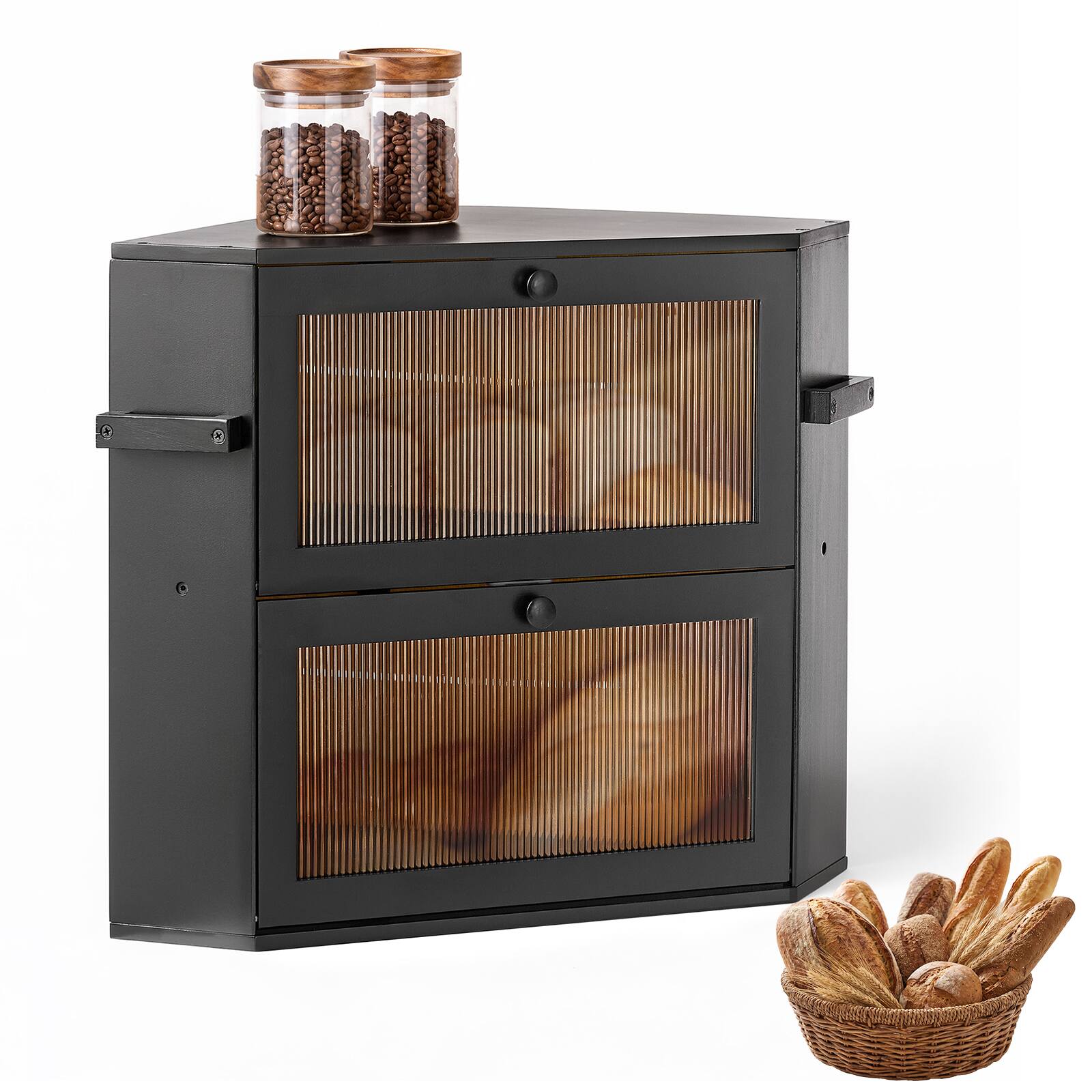 Front. VEVOR - Corner Bread Box for Kitchen Counter Bamboo Wood Container Black, for Homemade Bread, Under Cabinet, and Pantry - Black.