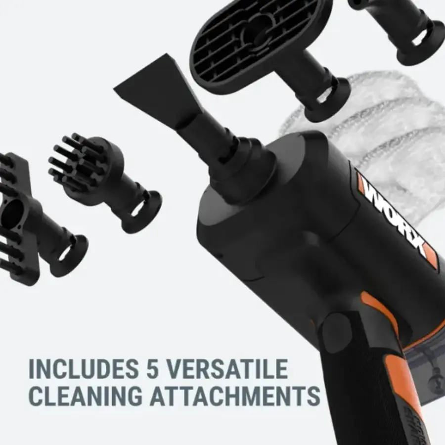 The text on the image reads "WORK INCLUDES 5 VERSATILE CLEANING ATTACHMENTS."
