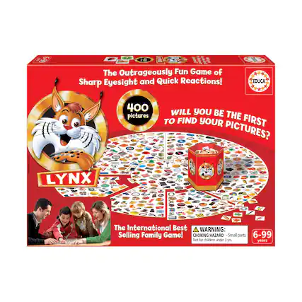 C 6-99
LYNX
Adre A
M F
The Outrageously Fun Game of Sharp Eyesight and Quick Reactions!
A EDUCA
400 pictures
WILL YOU BE THE FIRST TO FIND YOUR PICTURES?
LYNX ... The International Best Selling Family Game!
WARNING: Choking Hazard - Small parts. Not for children under 3 yrs.
6-99 years