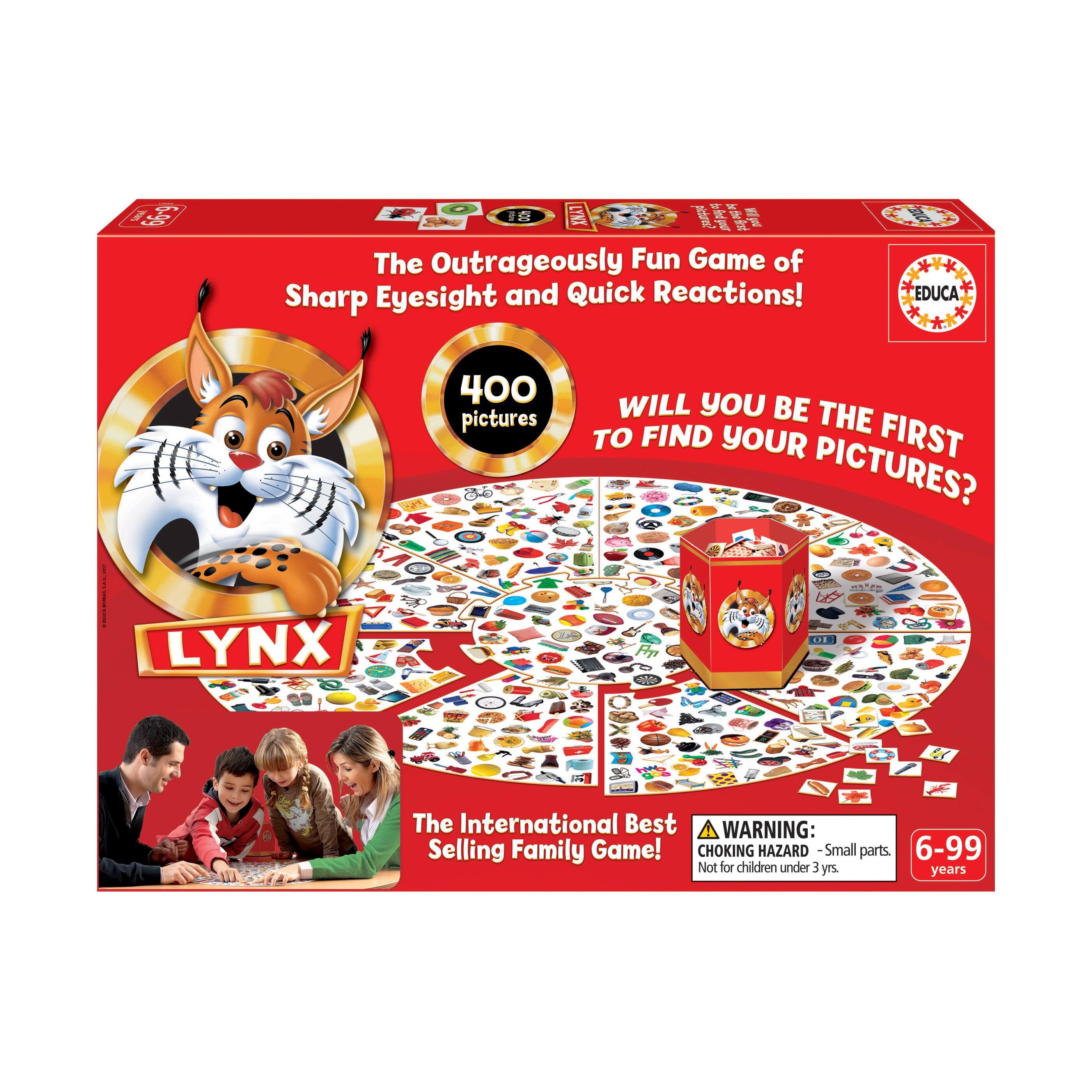 C 6-99  
LYNX  
Adre A  
M F  
The Outrageously Fun Game of Sharp Eyesight and Quick Reactions!  
A EDUCA  
400 pictures  
WILL YOU BE THE FIRST TO FIND YOUR PICTURES?  
LYNX ... The International Best Selling Family Game!  
WARNING: Choking Hazard - Small parts. Not for children under 3 yrs.  
6-99 years