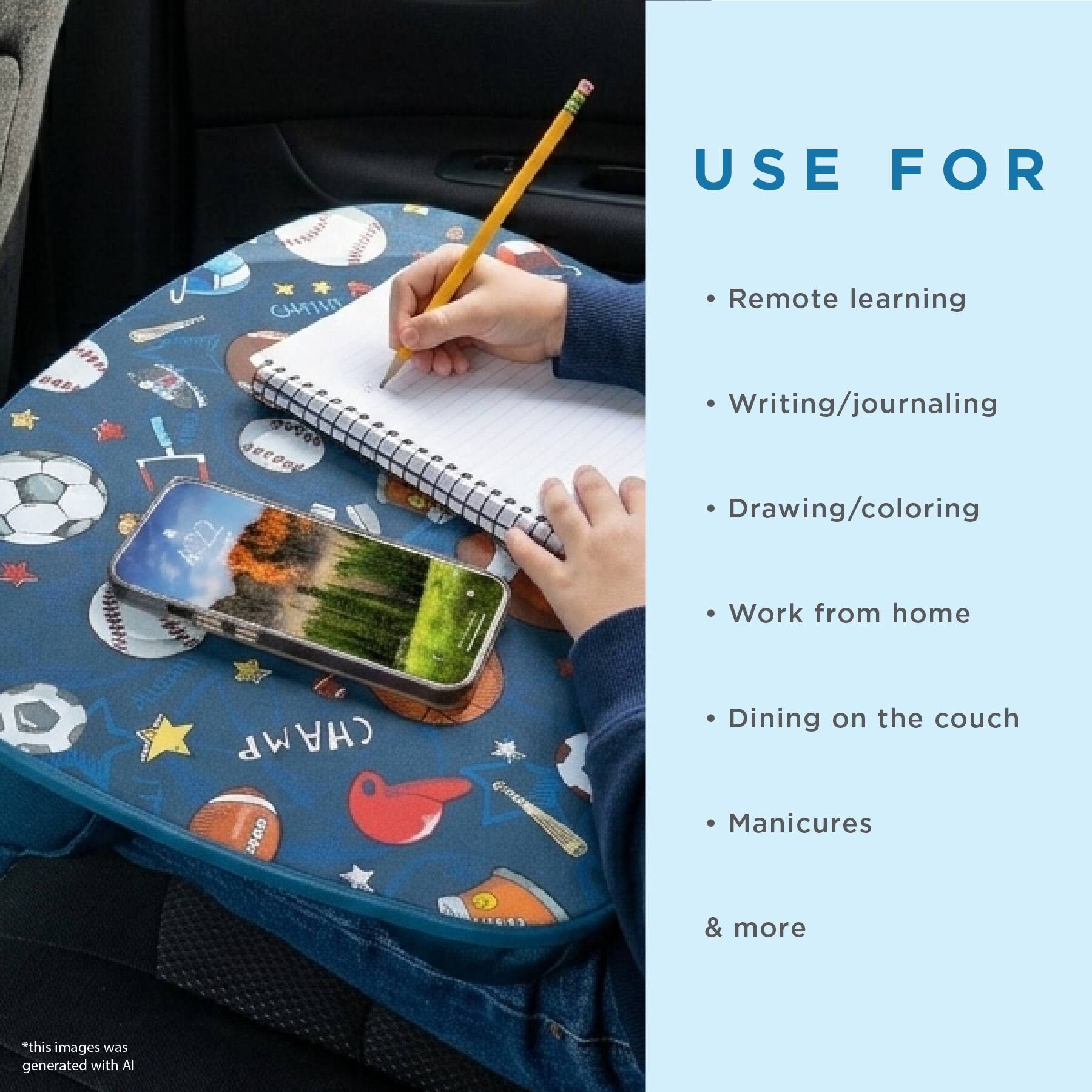 USE FOR  
Remote learning  
Writing/journaling  
Drawing/coloring  
Work from home  
Dining on the couch  
Manicures  
& more  

*This image was generated with AI
