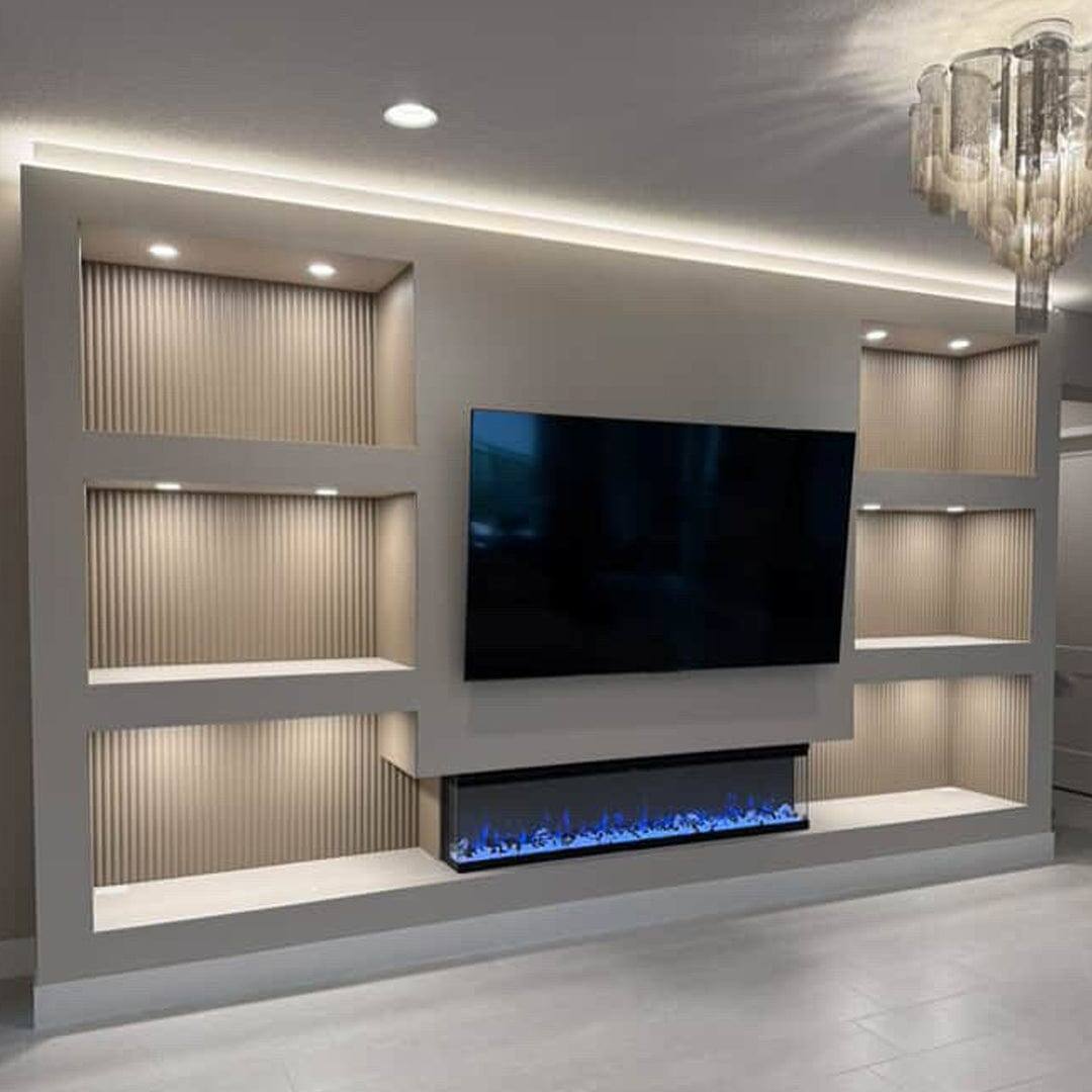 Angle. Touchstone Home Products - 72 in. Wall Mounted Recessed Sideline Infinity Pro 3-Sided Smart Electric Fireplace 1500W - Black.