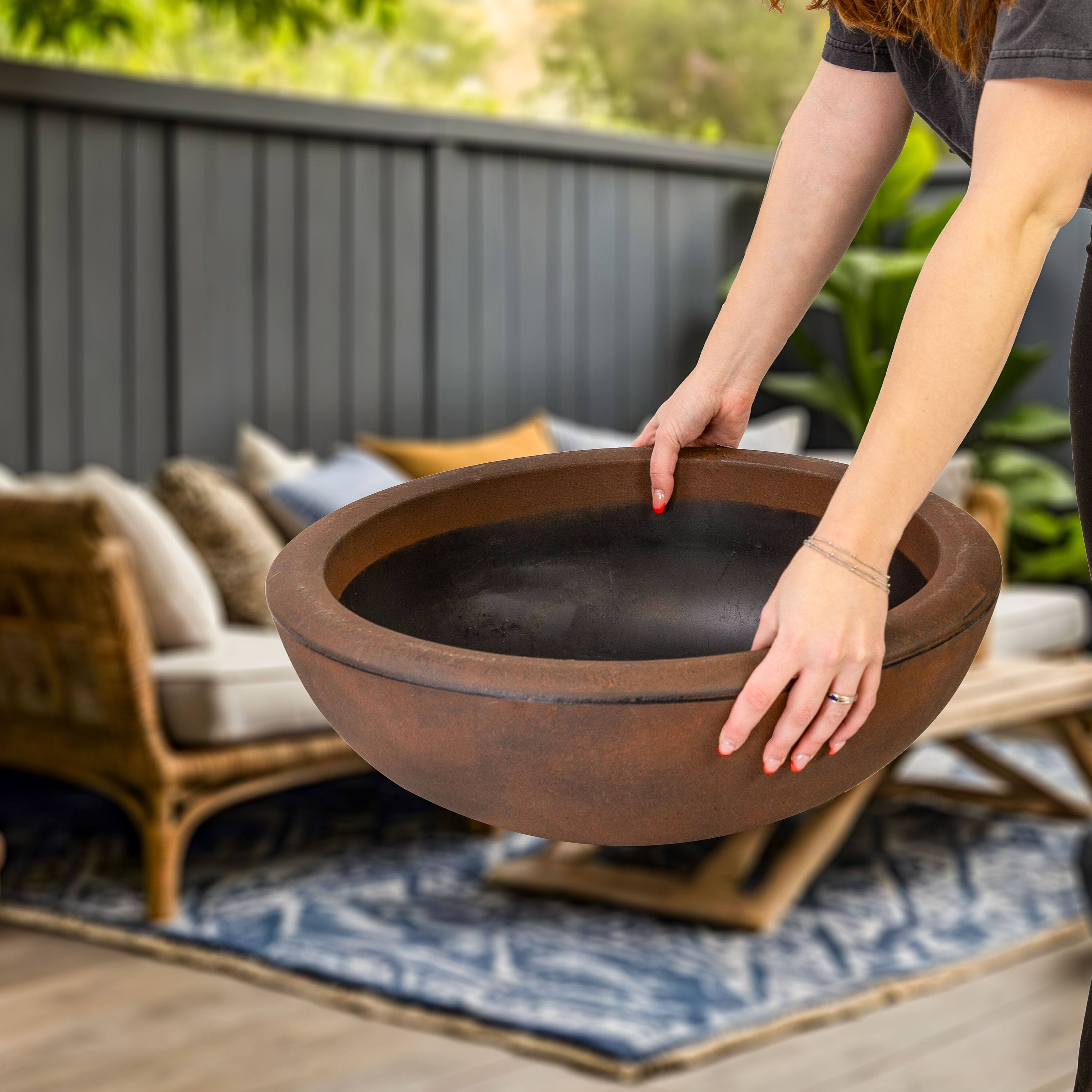 Alt View 7. Sunnydaze - 20.75 in Percival Round Polyresin Outdoor Planter - Rust.