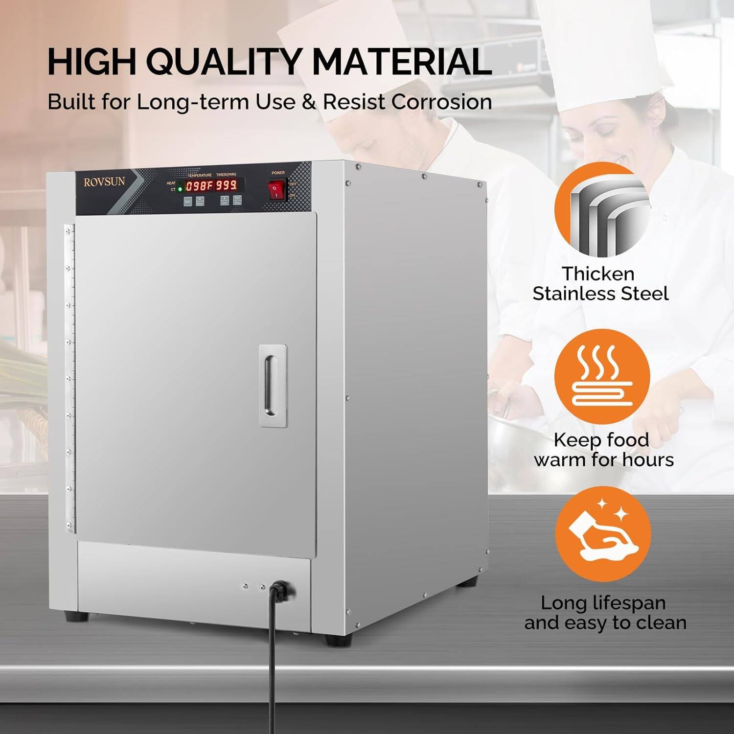 HIGH QUALITY MATERIAL  
Built for Long-term Use & Resist Corrosion  

ROVSUN  
098F 999  

- Thickened Stainless Steel  
- Keep food warm for hours  
- Long lifespan and easy to clean