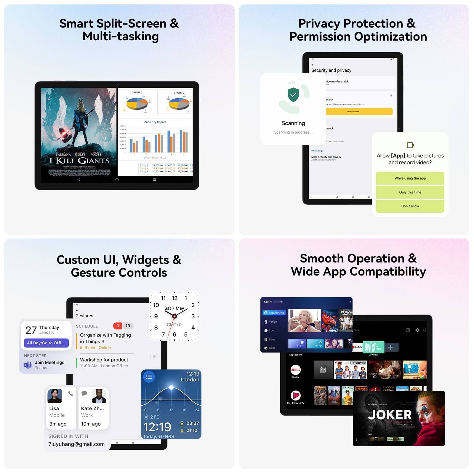 Smart Split-Screen & Multi-tasking

Privacy Protection & Permission Optimization

Security and privacy
may be x is
GROUP
GROUP
a
laok
MirketingReport
Scanning Scanning in progress...
thads,
JAPOL SALDANA SOLFE FOODS I KILL GIANTS
Dog: ===== 40,000.00 300  PLAYES 00.000.00 10,000m Soup! 30,000 **** 17,000ml) 4
Mar security und priecy
Allow [App] to take pictures and record video?
While using the app
I
-
Only this time
Don't allow
Custom UI, Widgets & Gesture Controls
Smooth Operation & Wide App Compatibility
Gestures SCHEDULE 3 19 Thursday 27 January Organize with Tagging All Day:Go to Offi... in Things 3 it 5 min Online NEXT STEP Workshop for product Join Meetings Teams 11:00 AM London Office
11 12 1 10 2 Sat 7 May 9 3 GMT+0 8 4 