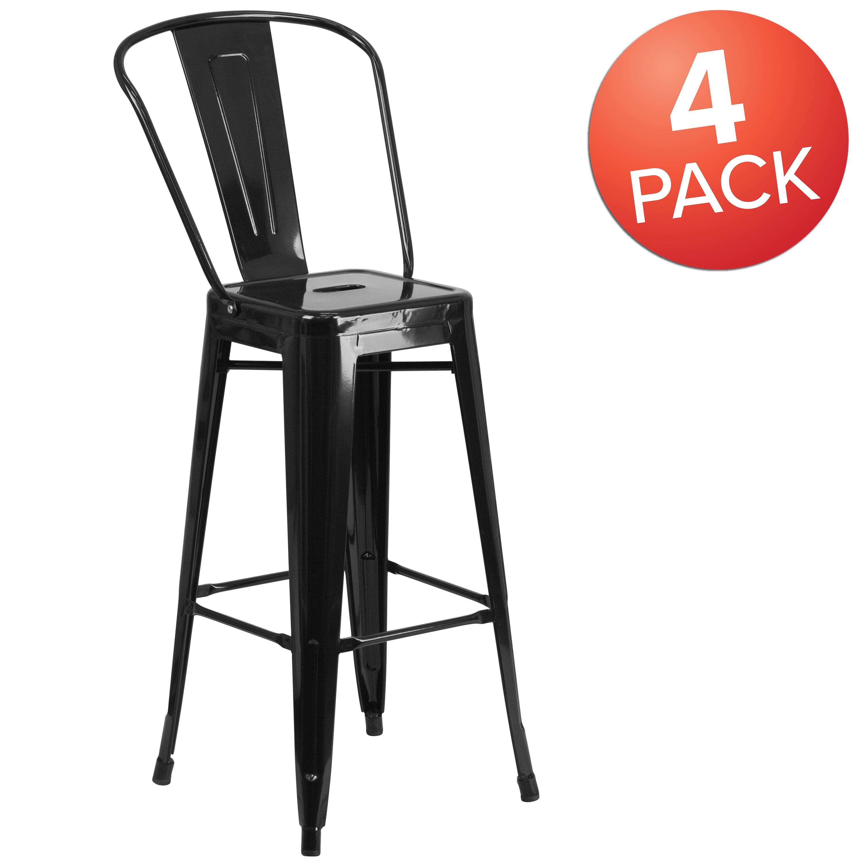 Alt View 1. Emma + Oliver - Commercial Grade 4 Pack 30" High Metal Indoor-Outdoor Barstool with Back - Black.