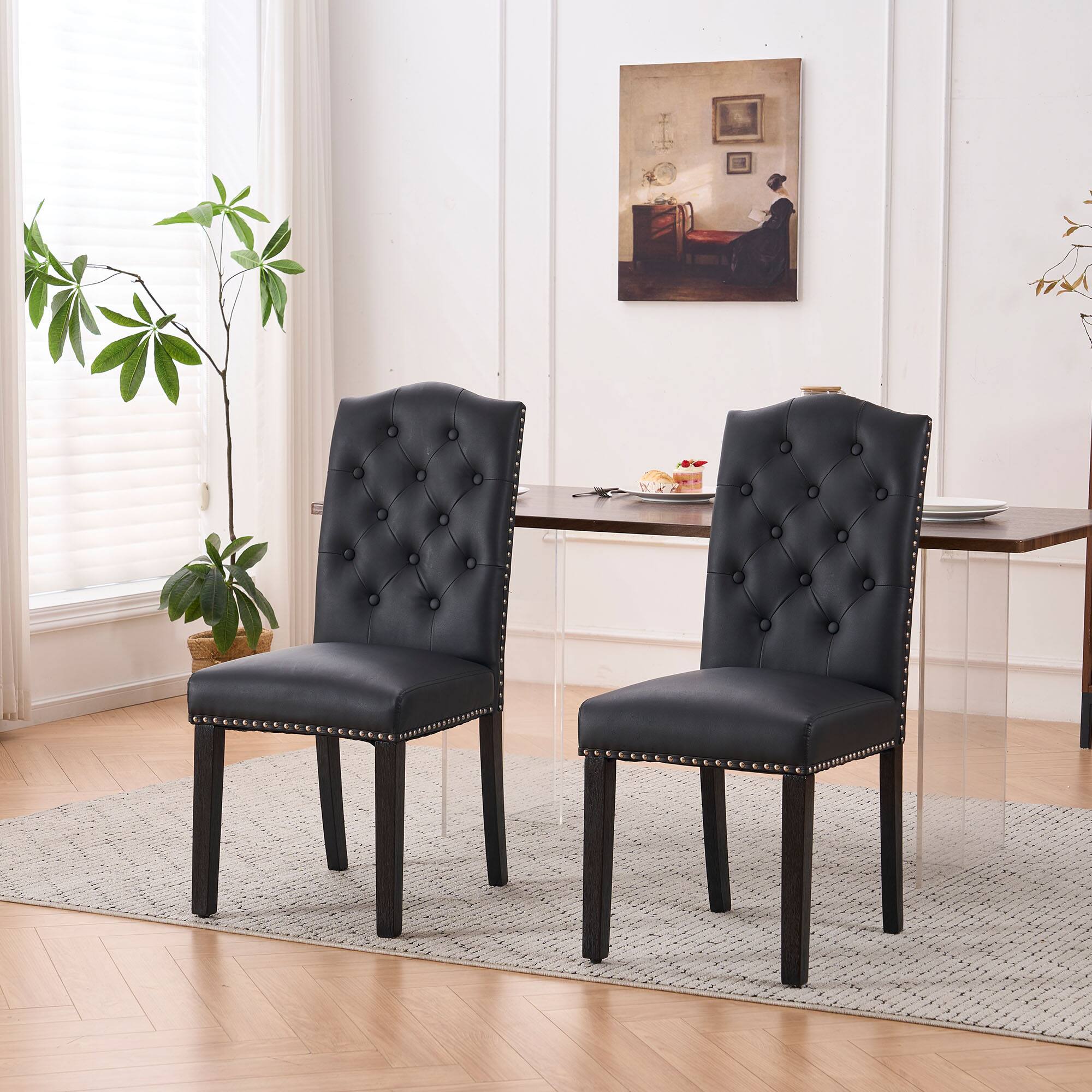 Back. FERPIT - FERPIT Set of 2 Upholstery Faux Leather Dining Chairs with Button Tufted High Back and Nailhead Trim, Black - Black.