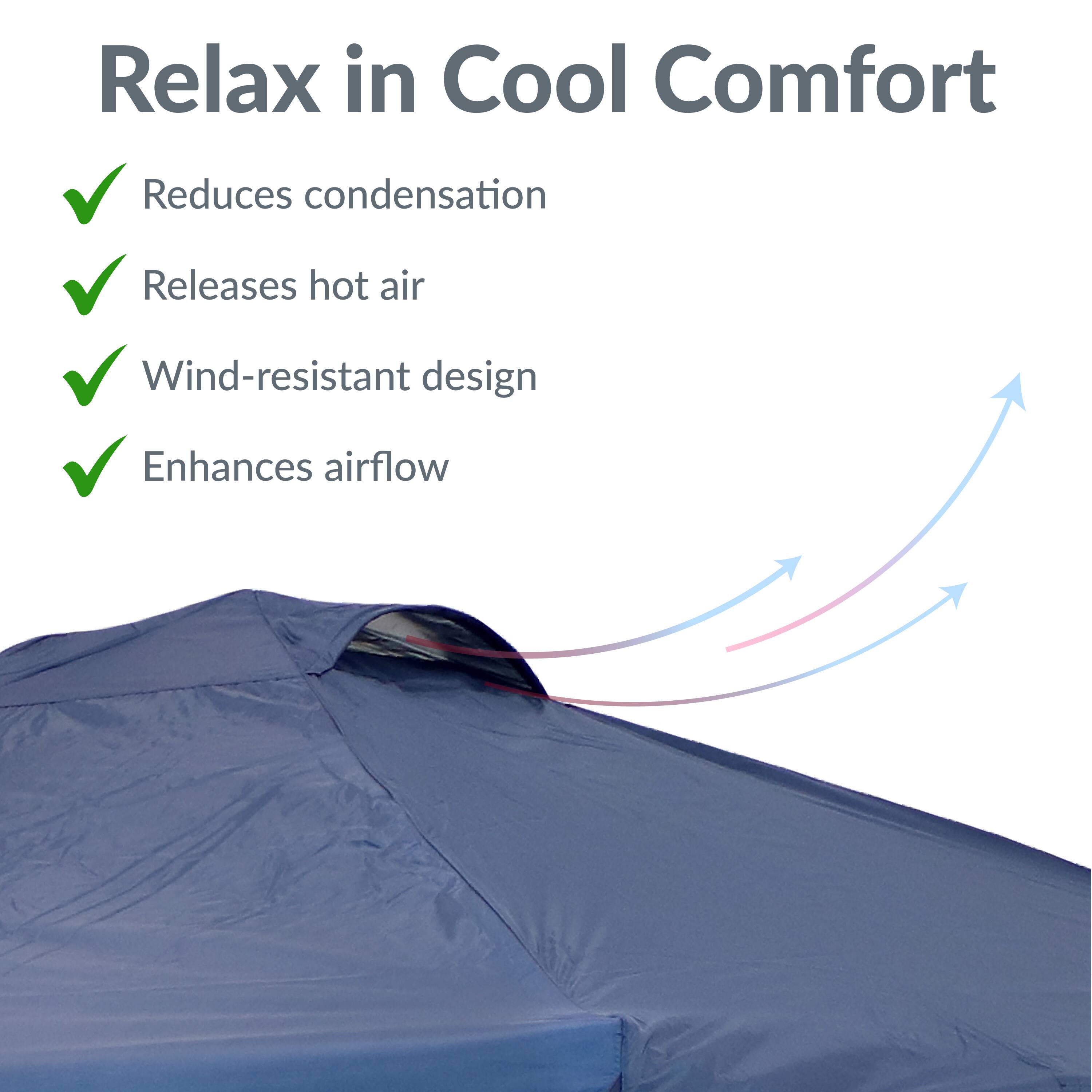Relax in Cool Comfort

- Reduces condensation
- Releases hot air
- Wind-resistant design
- Enhances airflow