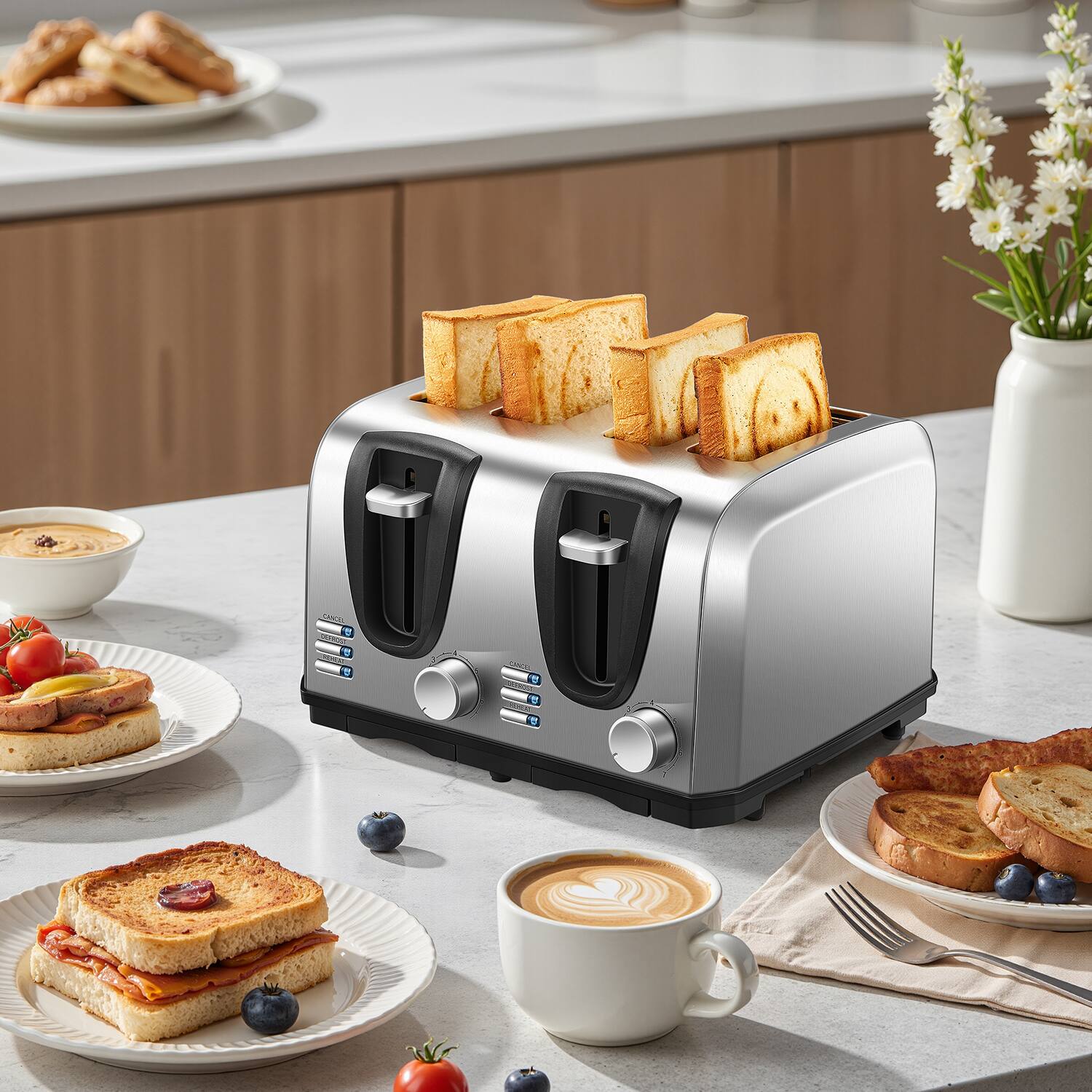 Front. KEINVE - 4 Slice Toaster, Toaster with Extra Wide Slot and 7-Shade Settings, Defrost and Reheat Function, Make Toast - Black.