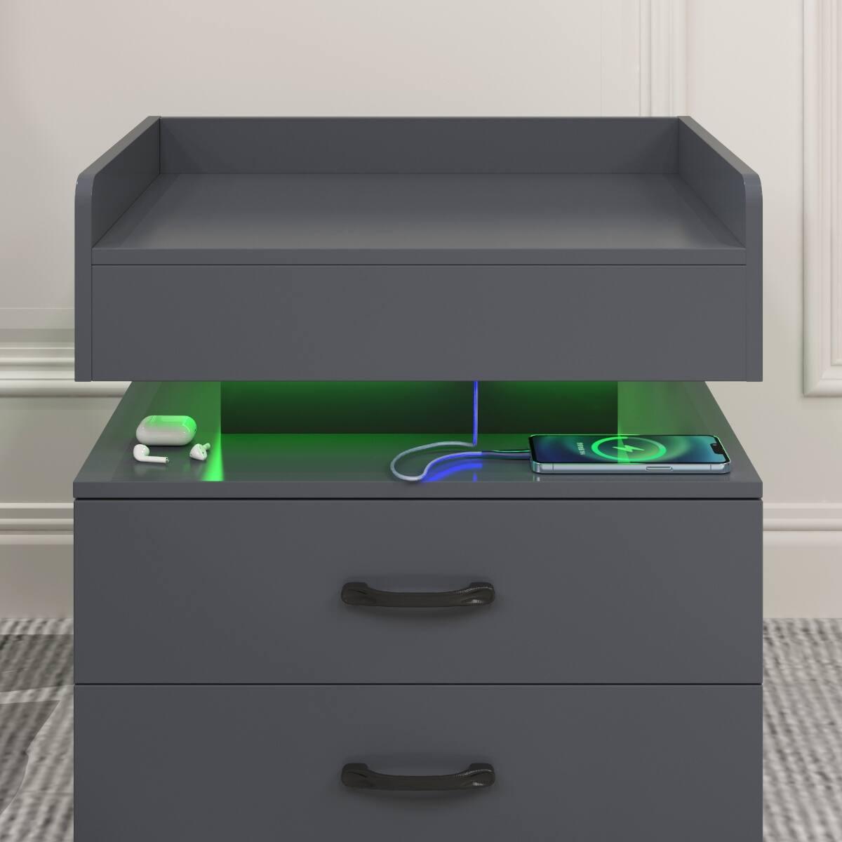 Alt View 8. Loheer - Loheer LED Nightstand with Adjustable Light, Grey Two Drawer Bedside Table - Grey.