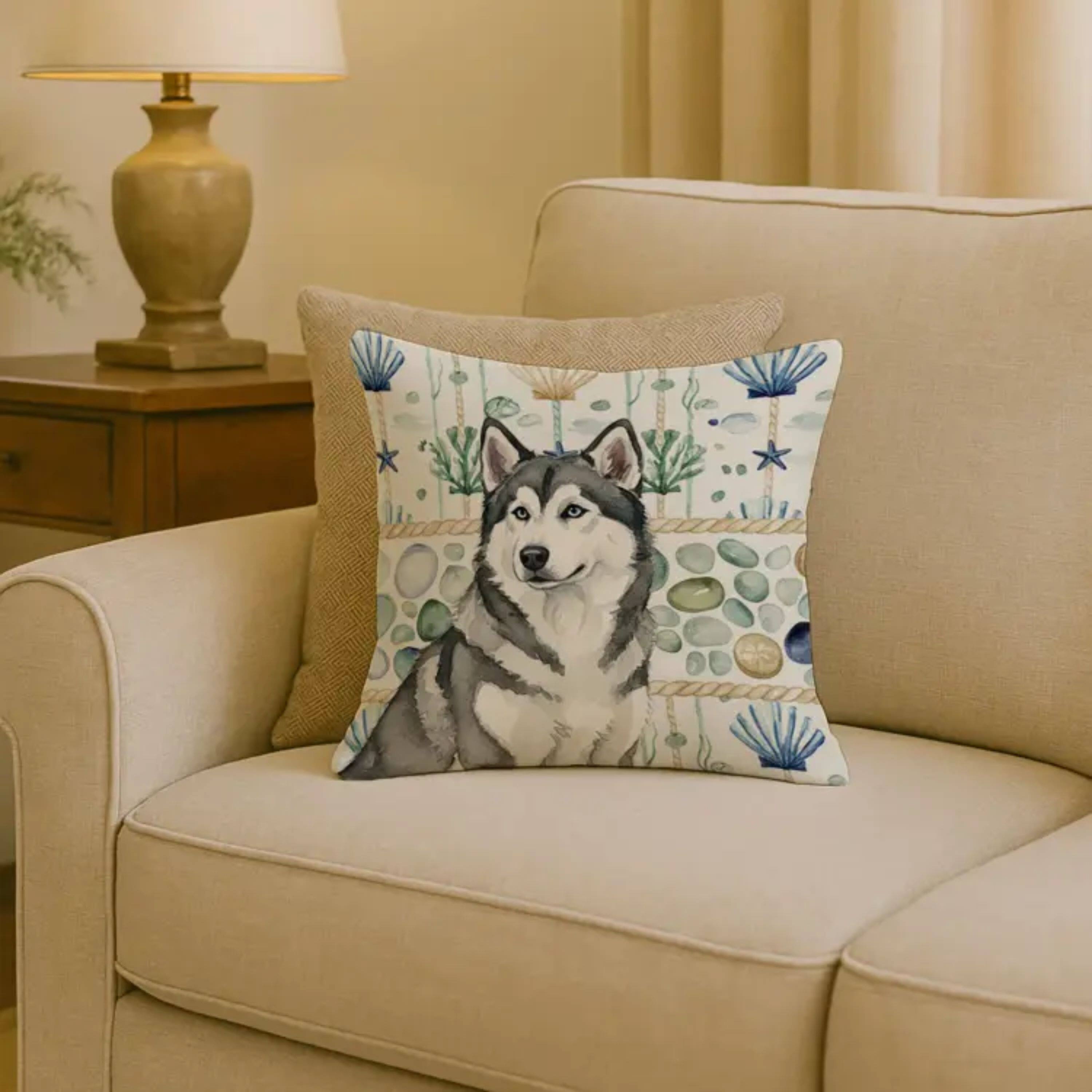Angle. Kitcheniva - 18" x 18" Coastal Sea Design Throw Pillow Home Decor Alaskan Malamute Gray And White - Multicolor.