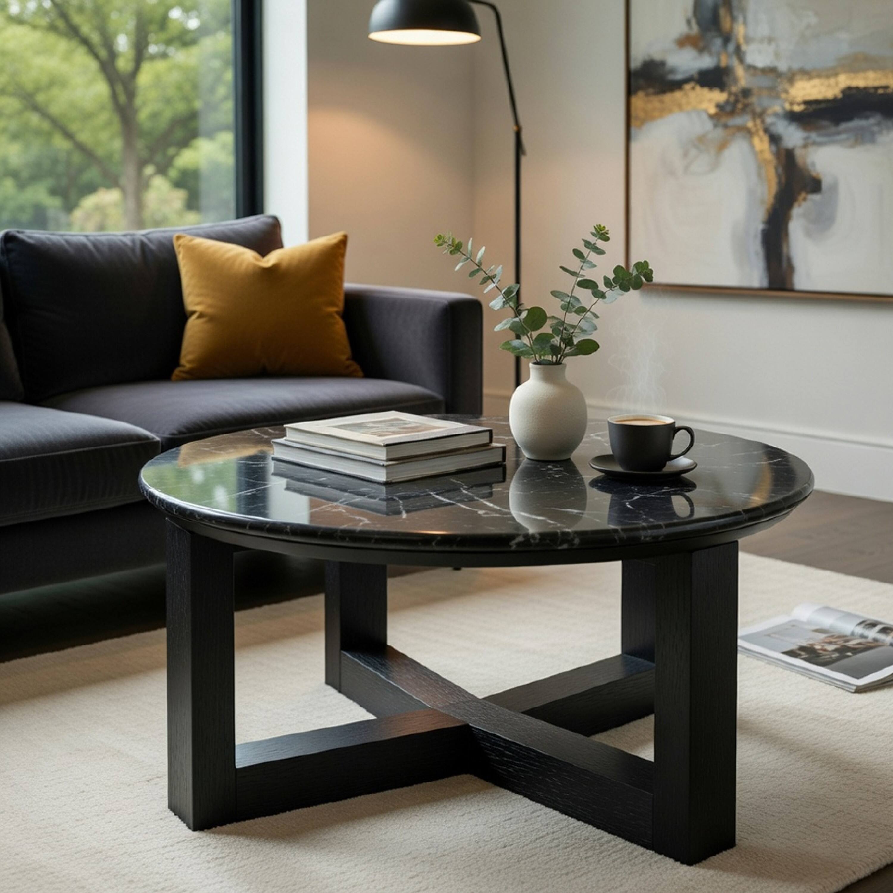 Alt View 8. Manhattan Lane - Kia Coffee Table, Round Marble Top, Three Leg Wood Base,24 Inch - Black.