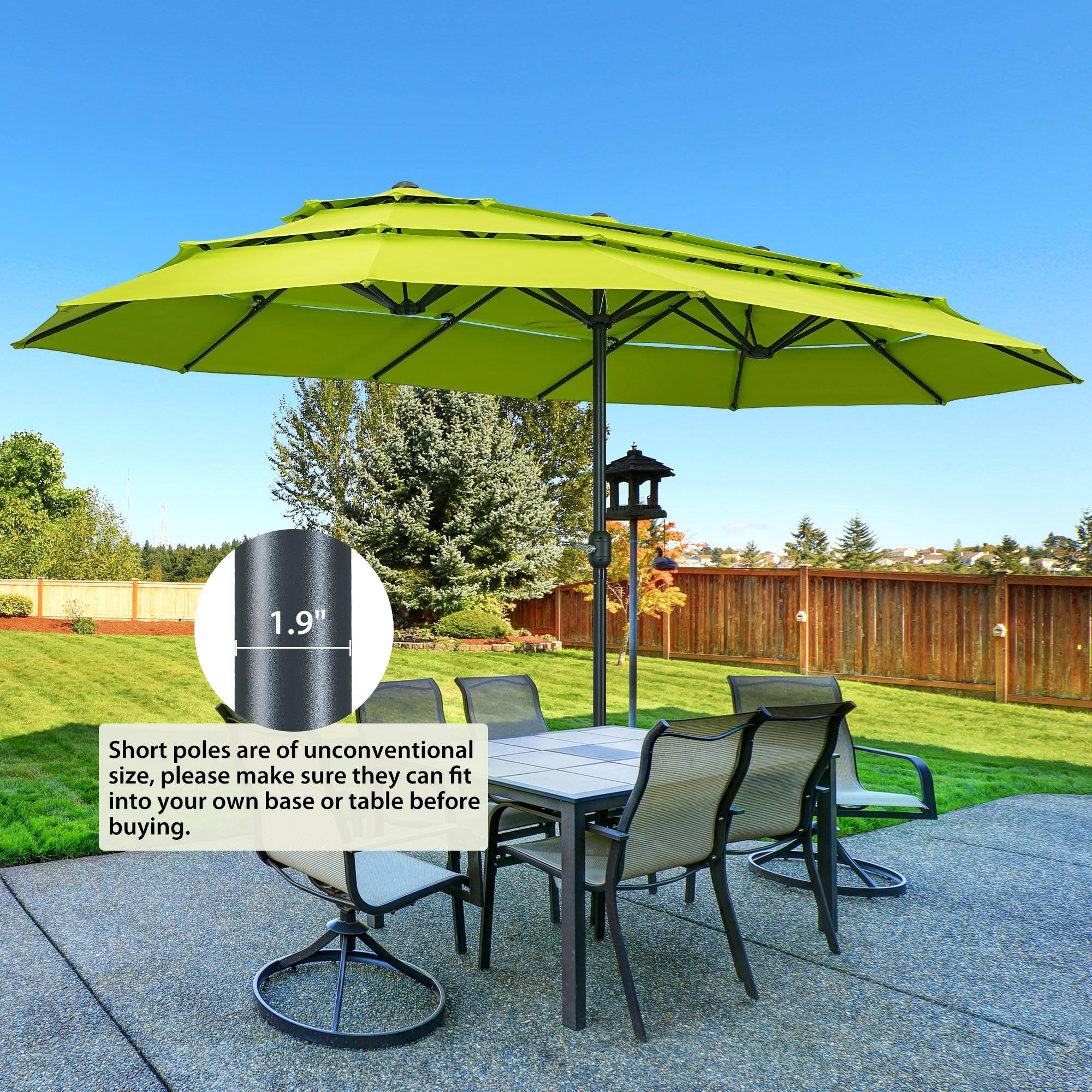 1.9"  
Short poles are of unconventional size, please make sure they can fit into your own base or table before buying.