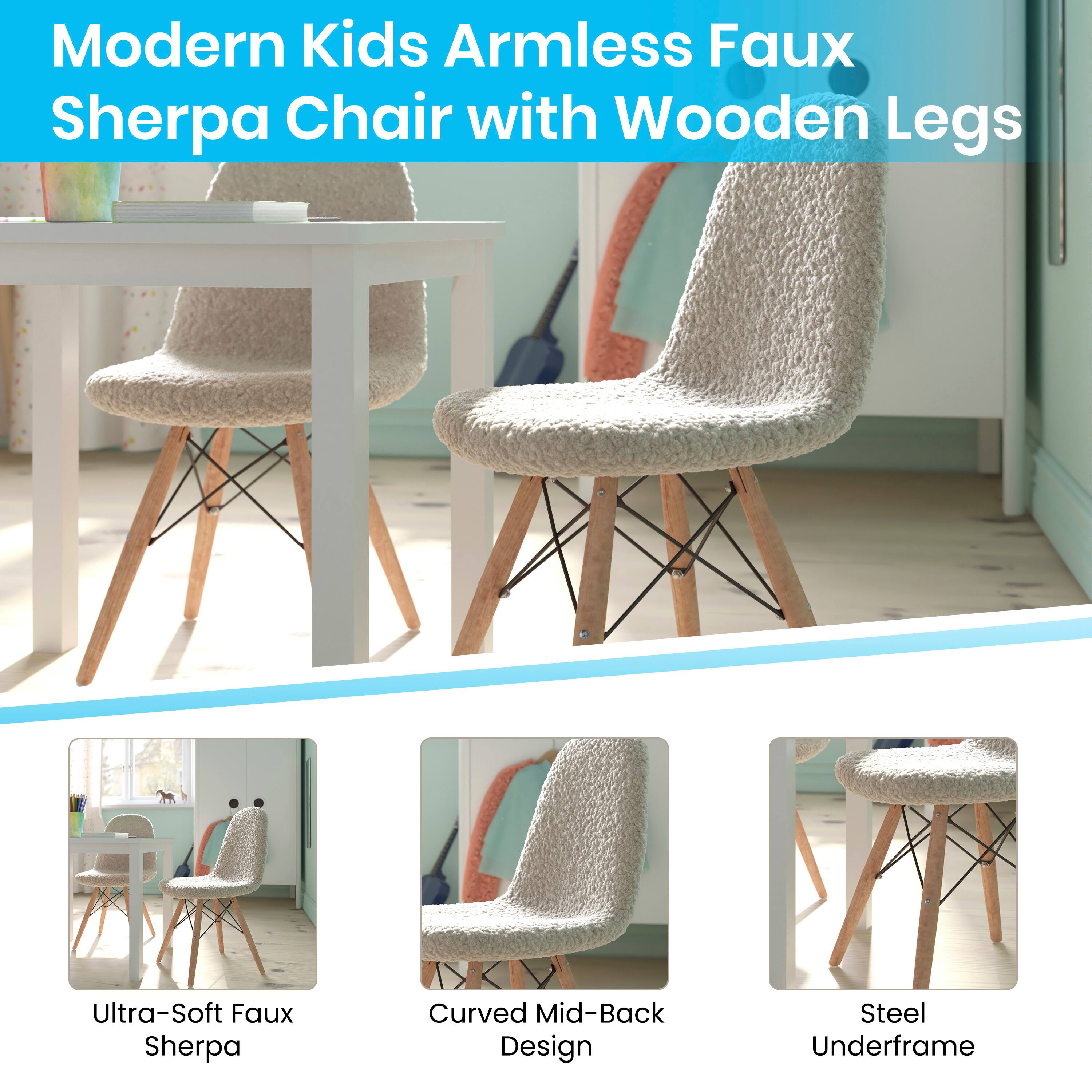 Modern Kids Armless Faux Sherpa Chair with Wooden Legs

- Ultra-Soft Faux Sherpa
- Curved Mid-Back Design
- Steel Underframe