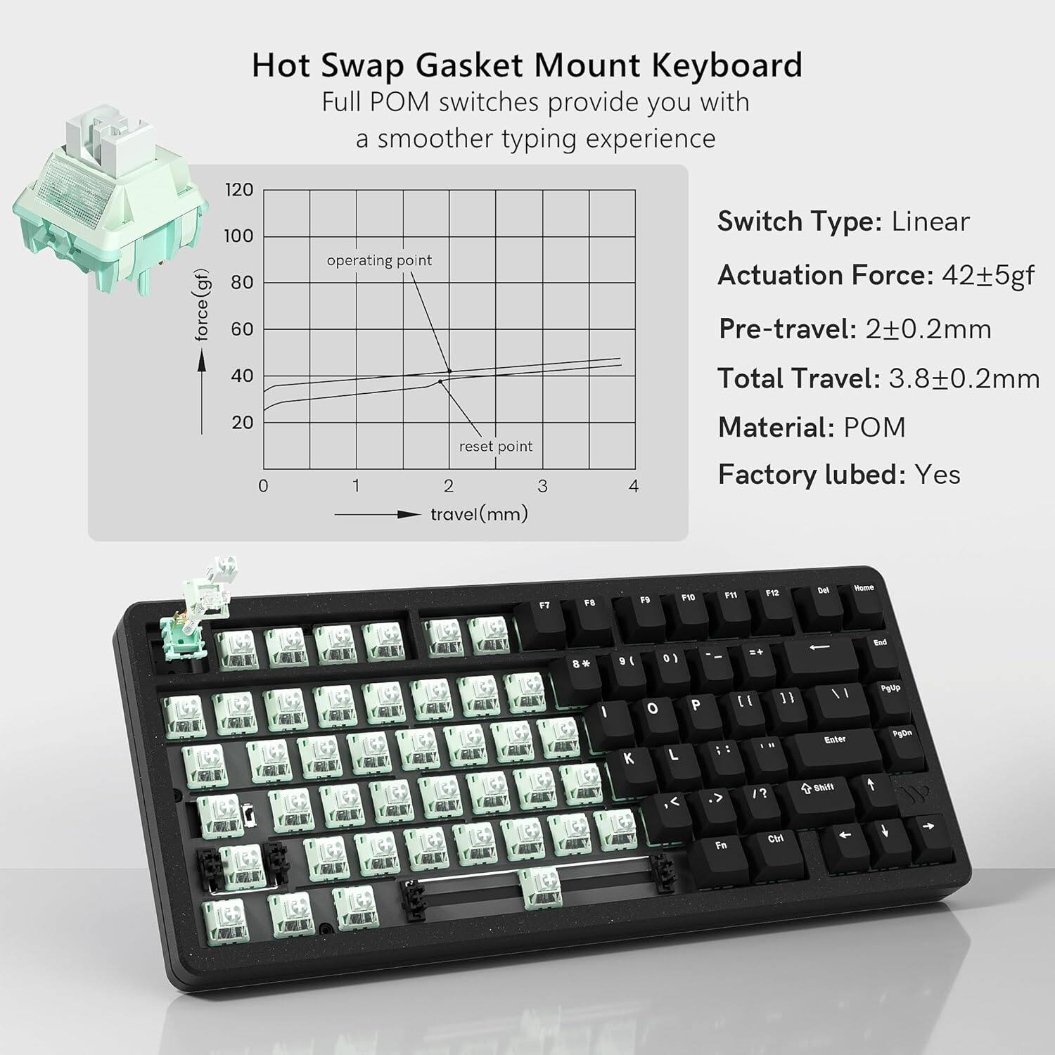 Hot Swap Gasket Mount Keyboard  
Full POM switches provide you with a smoother typing experience  

Switch Type: Linear  
Actuation Force: 42±5gf  
Pre-travel: 2±0.2mm  
Total Travel: 3.8±0.2mm  
Material: POM  
Factory lubed: Yes