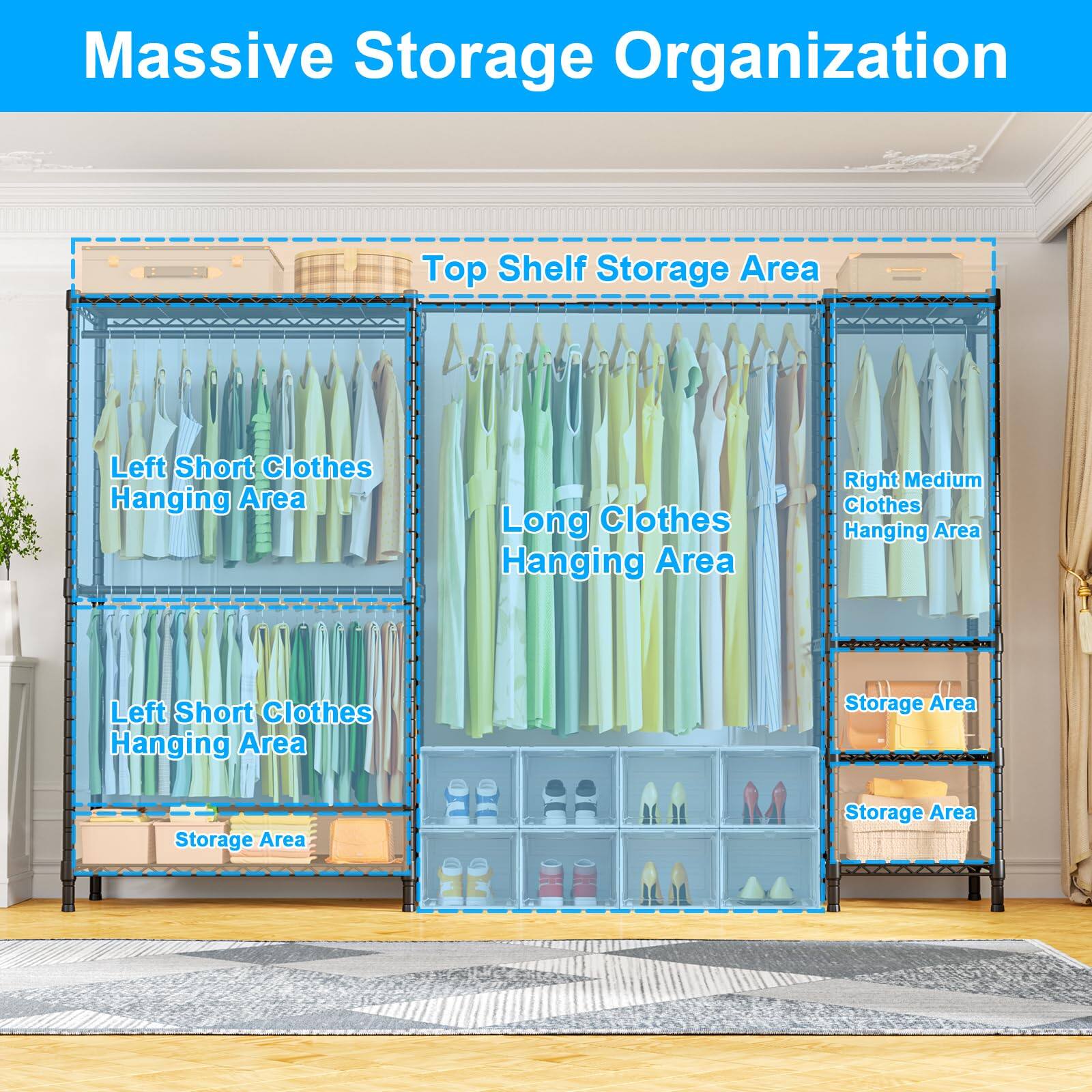 Massive Storage Organization

- Top Shelf Storage Area
- Left Short Clothes Hanging Area
- Long Clothes Hanging Area
- Right Medium Clothes Hanging Area
- Left Short Clothes Hanging Area
- Storage Area
- Storage Area
- Storage Area