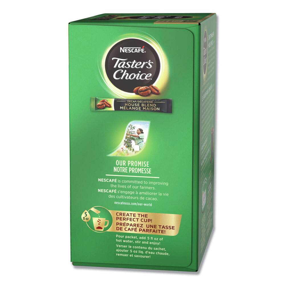 NESCAFÉ  
Taster's Choice  
DECAF/DECAFFEINE  
HOUSE BLEND  
MÉLANGE MAISON  

OUR PROMISE  
NOTRE PROMESSE  
NESCAFÉ is committed to improving the lives of our farmers.  
NESCAFÉ s'engage à améliorer la vie des cultivateurs de cacao.  
nescafeusa.com/our-world  

CREATE THE PERFECT CUP!  
PRÉPAREZ UNE TASSE DE CAFÉ PARFAITE!  
Pour packet, add 5 fl oz of hot water, stir and enjoy!  
Verser le contenu du sachet, ajouter 5 oz liq. d'eau chaude, remuer et savourer!