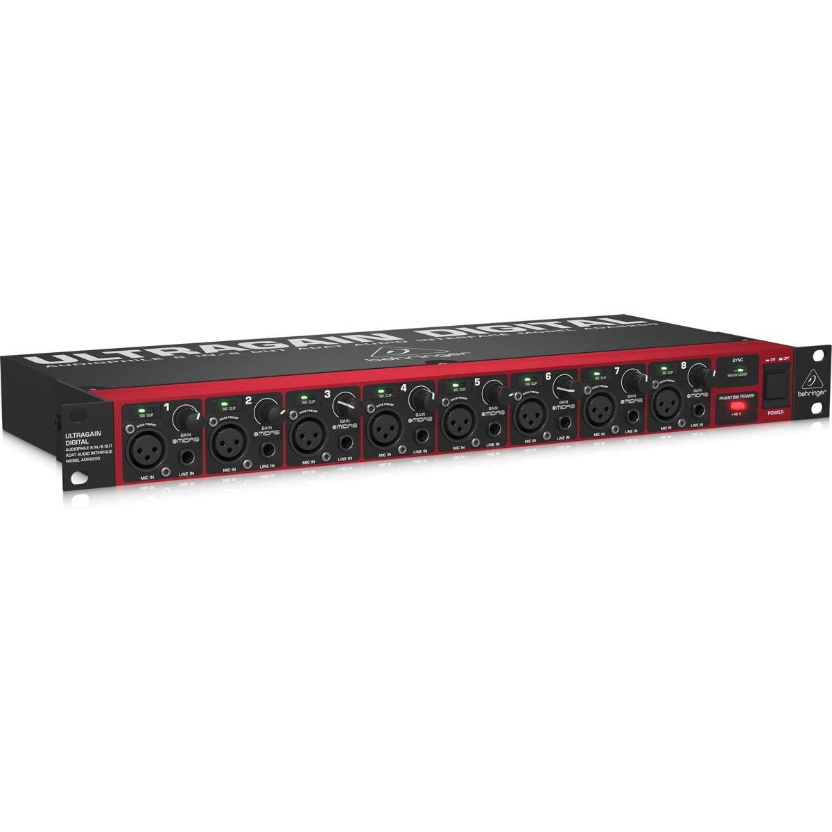 ULTRAGAIN PRODIGITAL

8-channel, 24-bit, 192kHz, 2U rackmount audio interface

- 8 XLR/TRS combo inputs
- 8 XLR outputs
- MIDI I/O
- USB 2.0 connectivity
- Sample rates: 44.1kHz, 48kHz, 88.2kHz, 96kHz, 192kHz
- Phantom power
- Sync port
- Power switch

Behringer