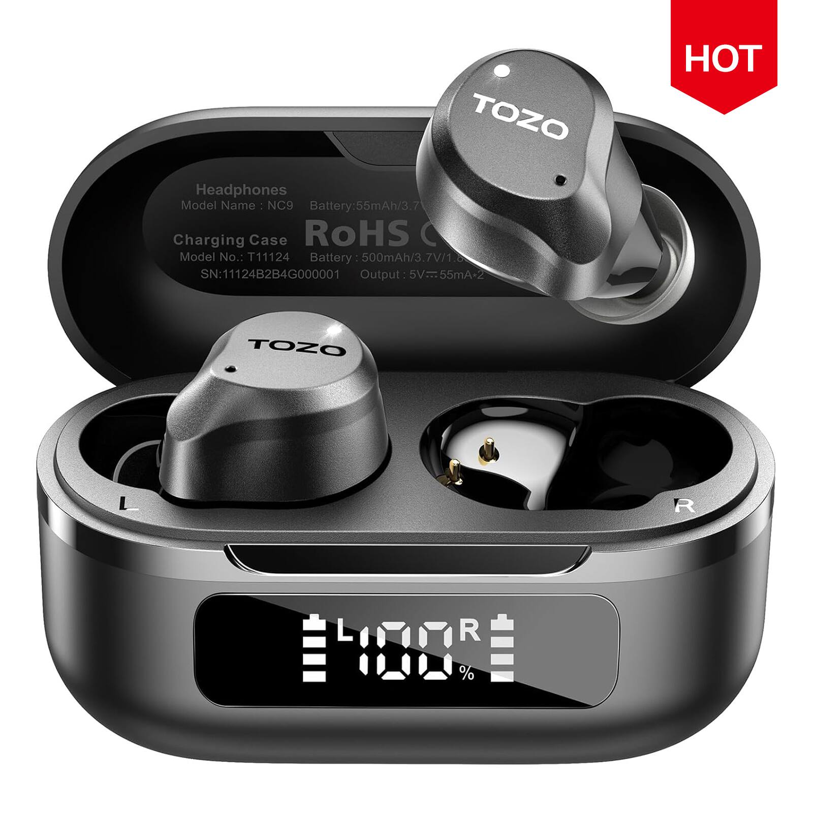 TOZO - Hybrid ANC Earbuds Wireless - OrigX Acoustic 2.0 & Bass+ Boosts, 59H, 6 Mics ENC Crystal-Clear Call, IPX8, APP-32EQs - Black