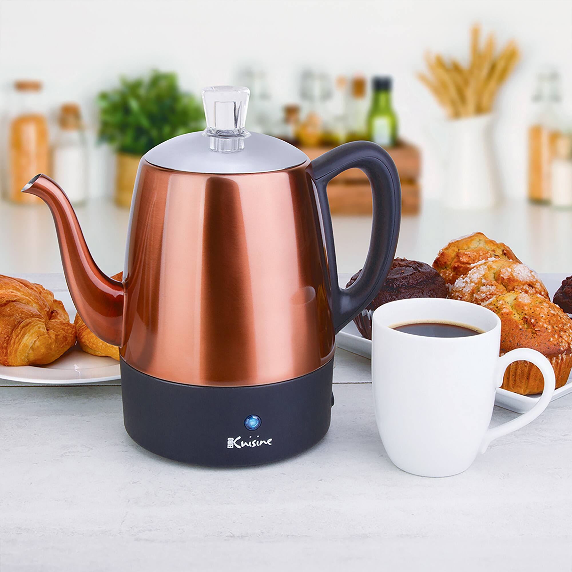 Left. Euro Cuisine - Euro Cuisine PER04 Stainless Steel Electric Coffee Percolator, 4 Cup - Copper.