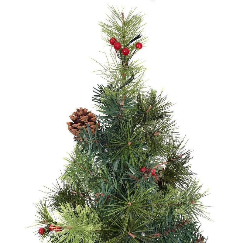 Alt View 3. WELLFOR - 4 ft Pre‑Lit Pre‑Decorated Artificial Christmas Tree with Warm‑White LEDs, Red Berries & Pine Cones - Green.