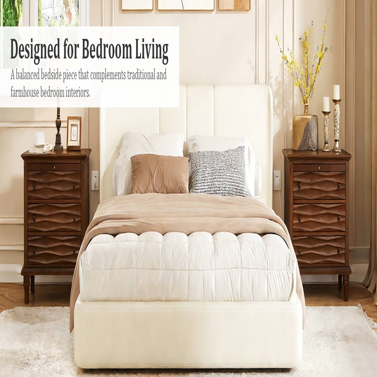 Designed for Bedroom Living  
A balanced bedside piece that complements traditional and farmhouse bedroom interiors.