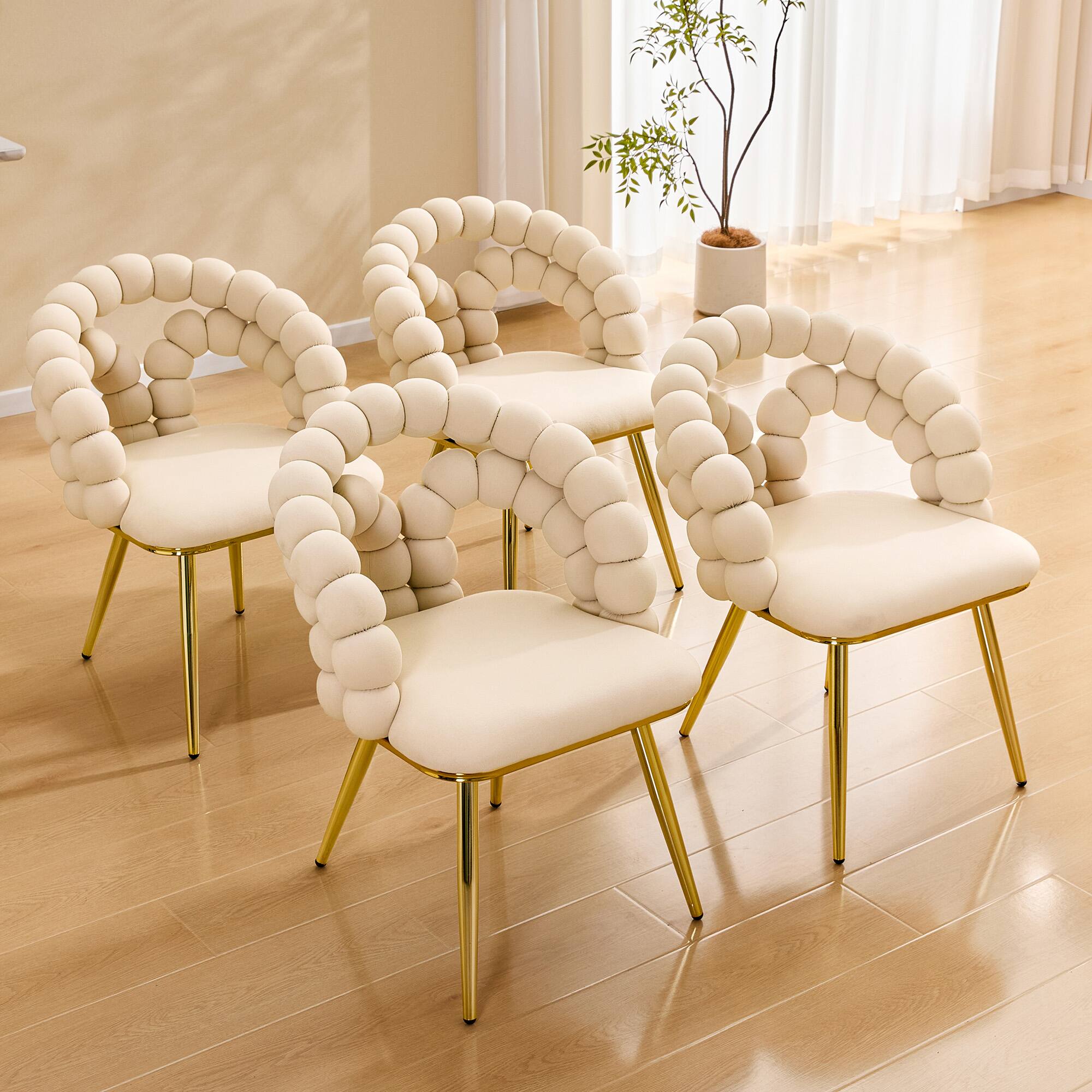 Back. Loheer - Loheer Velvet Dining Chair Set of 2 Beige Bubble Back Accent Chairs with Gold Metal Legs, 1.92ft x 1.58ft x 2.67ft - Beige,Gold.