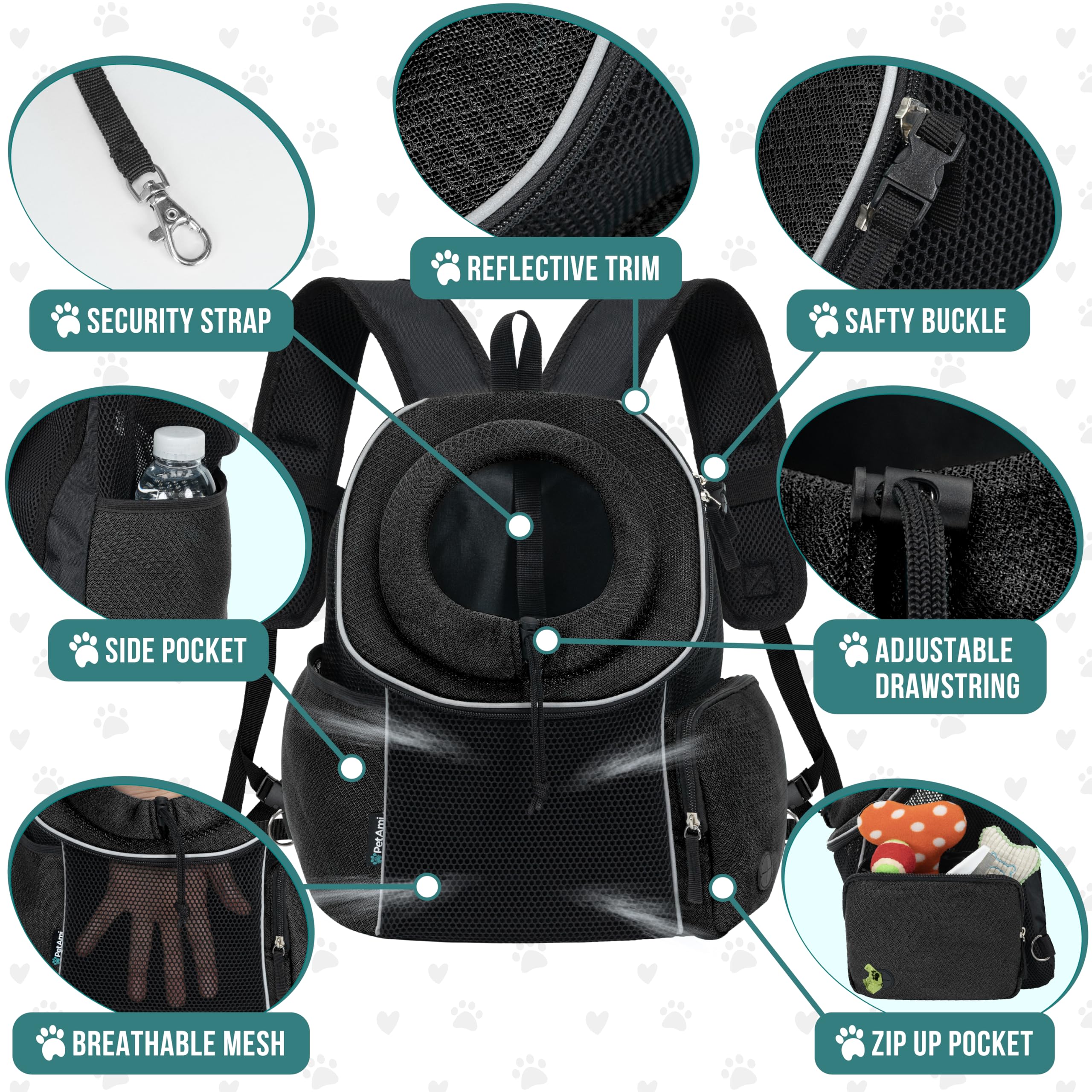 SECURITY STRAP  
REFLECTIVE TRIM  
SAFETY BUCKLE  
SIDE POCKET  
ADJUSTABLE DRAWSTRING  
BREATHABLE MESH  
ZIP UP POCKET
