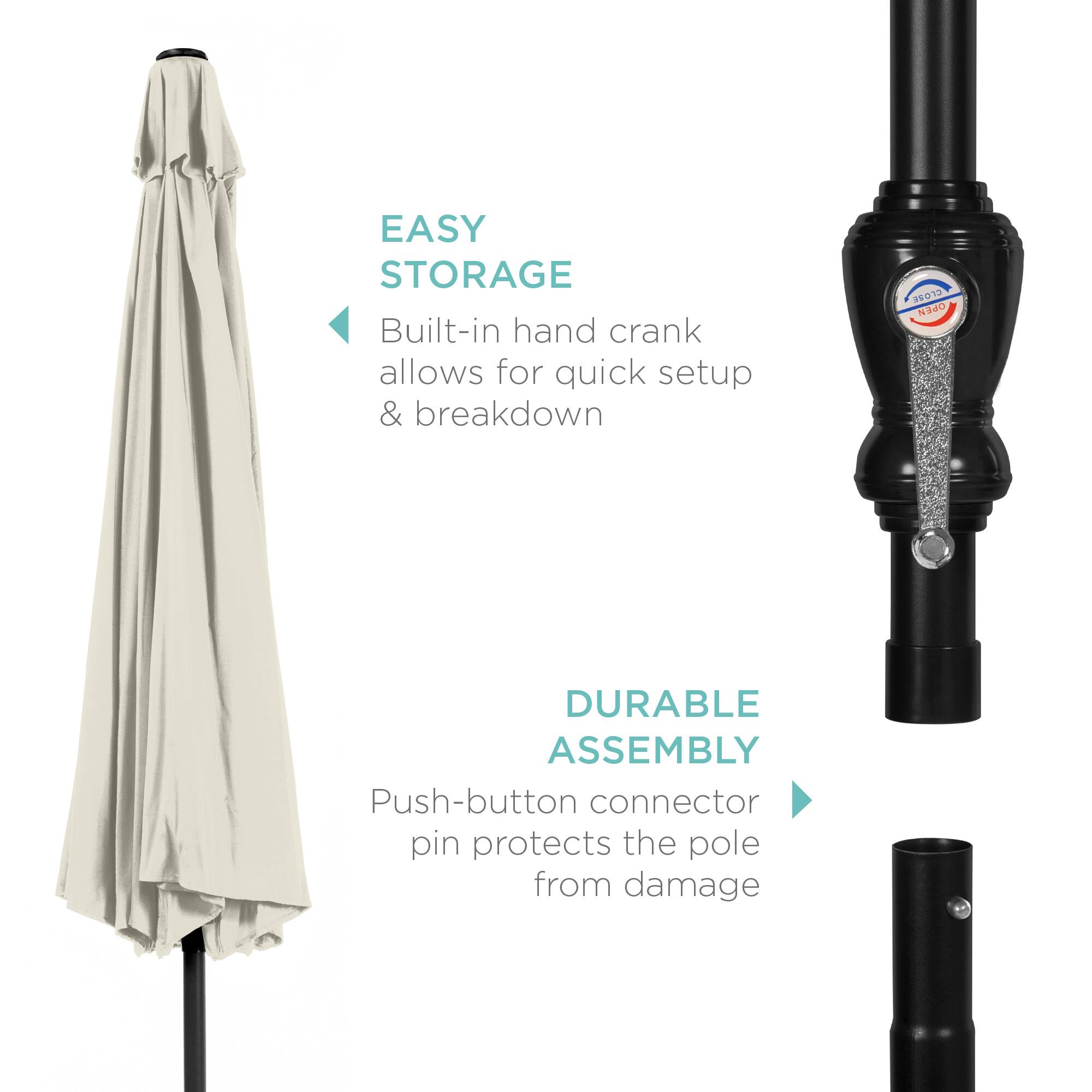 EASY STORAGE  
Built-in hand crank allows for quick setup & breakdown  

DURABLE ASSEMBLY  
Push-button connector pin protects the pole from damage