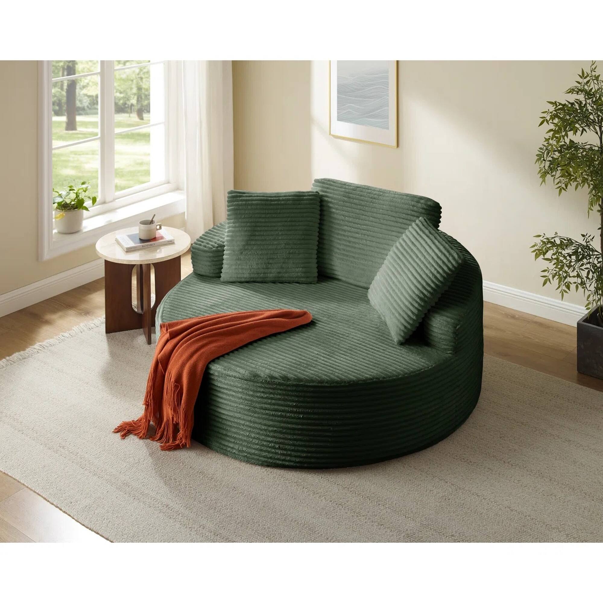 Angle. Yardgrace - Oversized 55.1" Round Corduroy Chaise Lounge – Deep Seat Cloud Sofa, No Assembly Needed - Green.