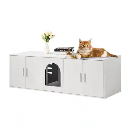 Front. VEVOR - Cat Litter Box Enclosure for 2 Cats, Litter Box Furniture Hidden with Double Rooms, Wooden Cat Box Cabinet - White.