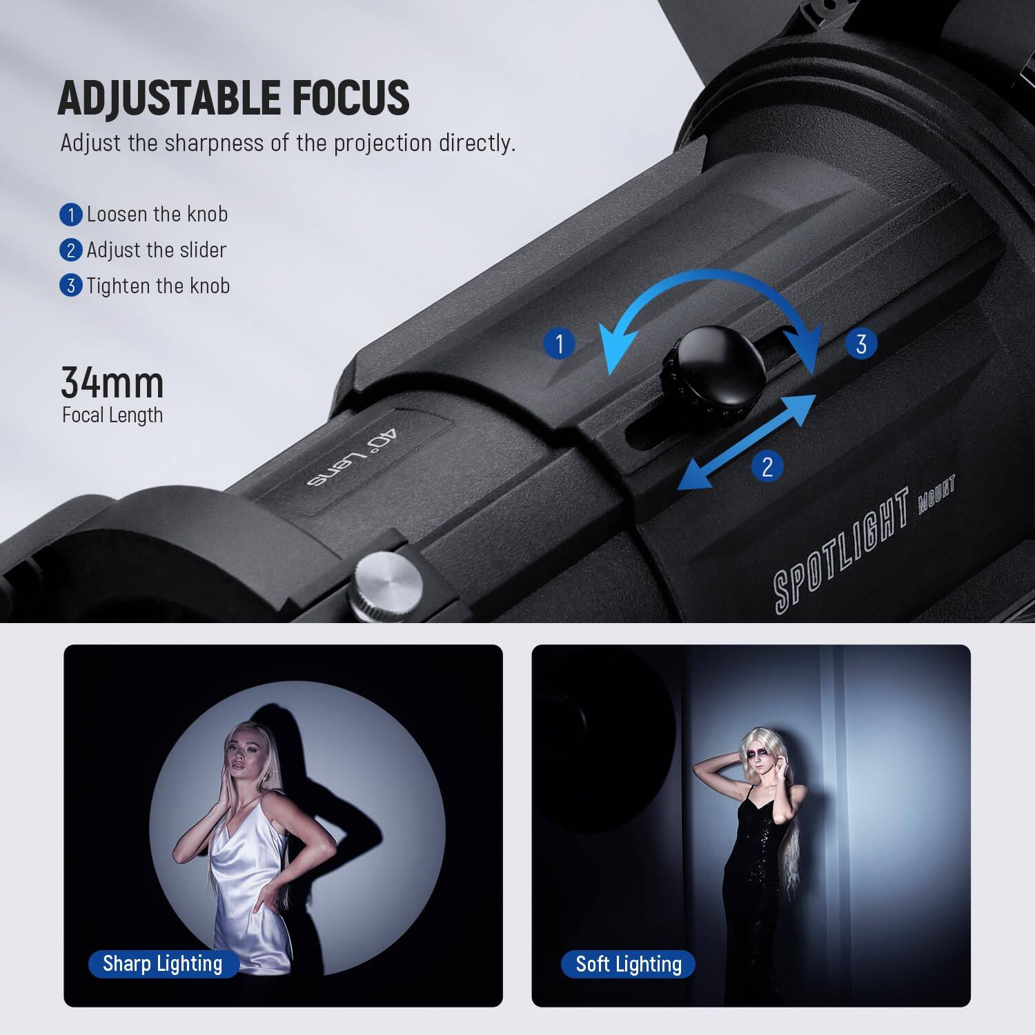 ADJUSTABLE FOCUS  
Adjust the sharpness of the projection directly.  
1. Loosen the knob  
2. Adjust the slider  
3. Tighten the knob  

34mm Focal Length  

Sharp Lighting  
Soft Lighting