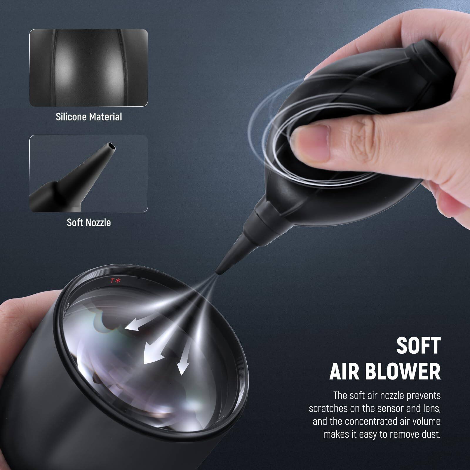 Silicone Material Soft Nozzle

SOFT AIR BLOWER

The soft air nozzle prevents scratches on the sensor and lens, and the concentrated air volume makes it easy to remove dust.