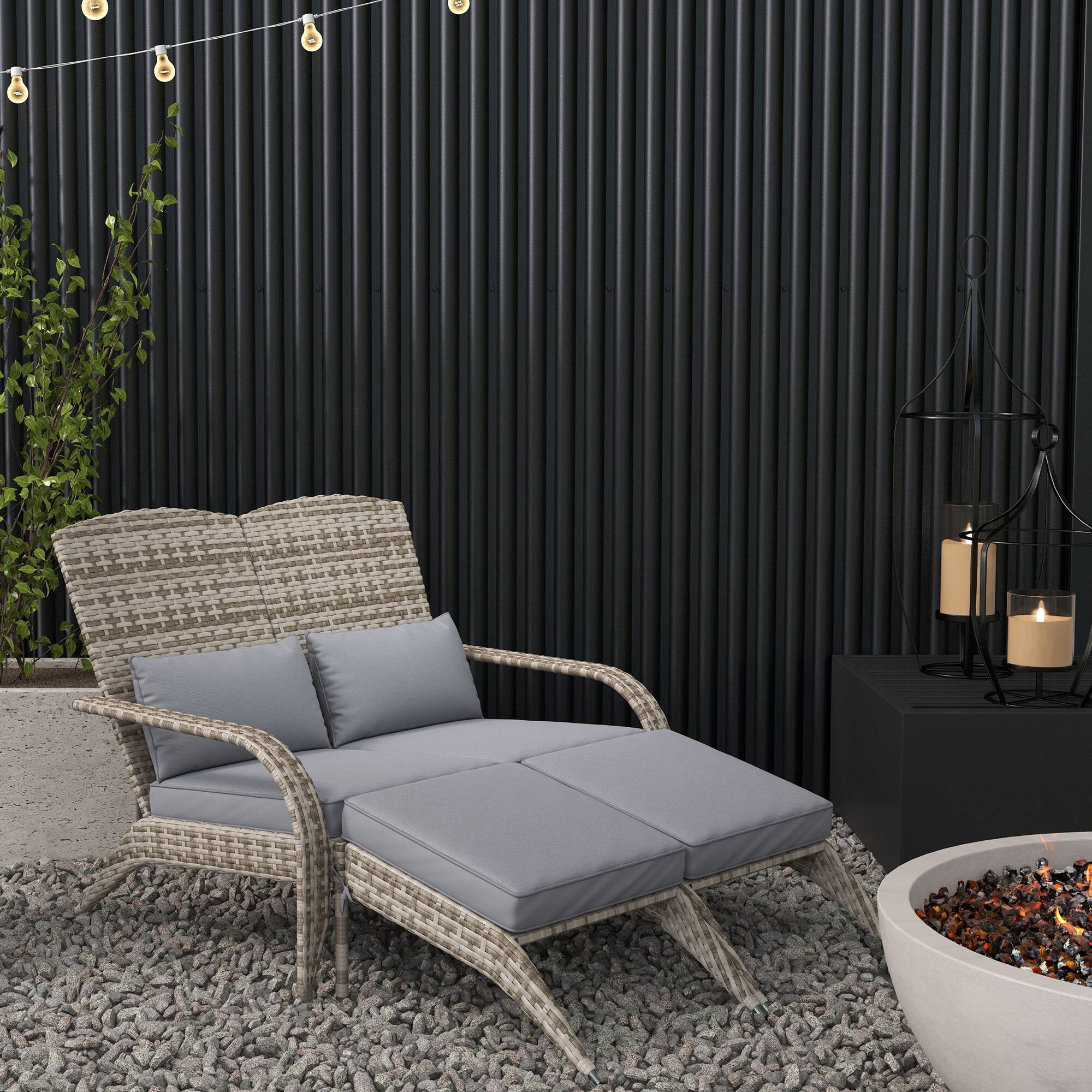 Alt View 1. Outsunny - Wicker Adirondack Chair for 2 with Cushions & Footrests, PE Rattan Double Chaise Lounge Chair - Gray.