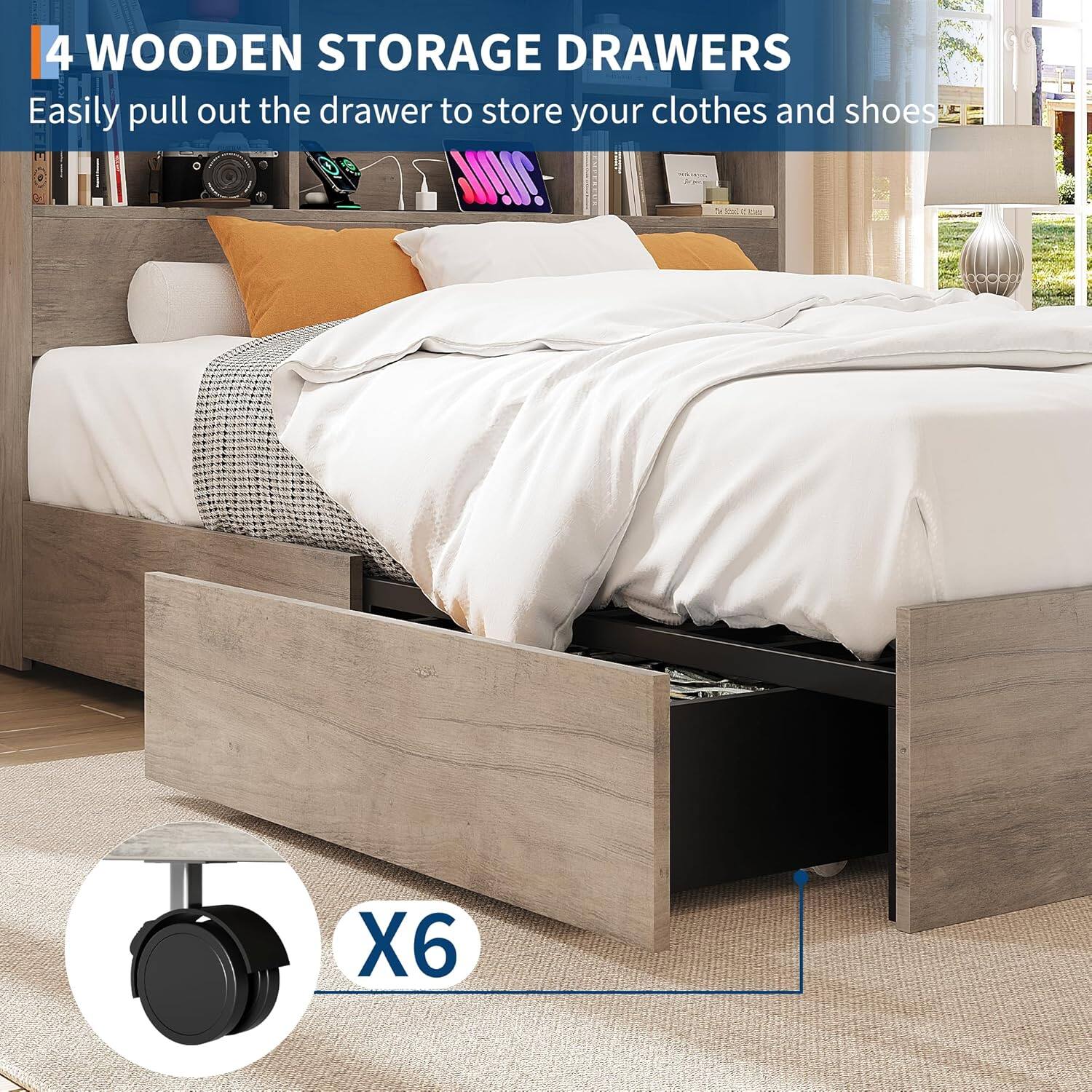 4 WOODEN STORAGE DRAWERS  
Easily pull out the drawer to store your clothes and shoes.  
X6