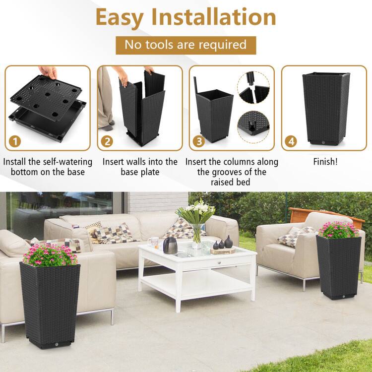 Easy Installation  
No tools are required  

1. Install the self-watering bottom on the base  
2. Insert walls into the base plate  
3. Insert the columns along the grooves of the raised bed  
4. Finish!