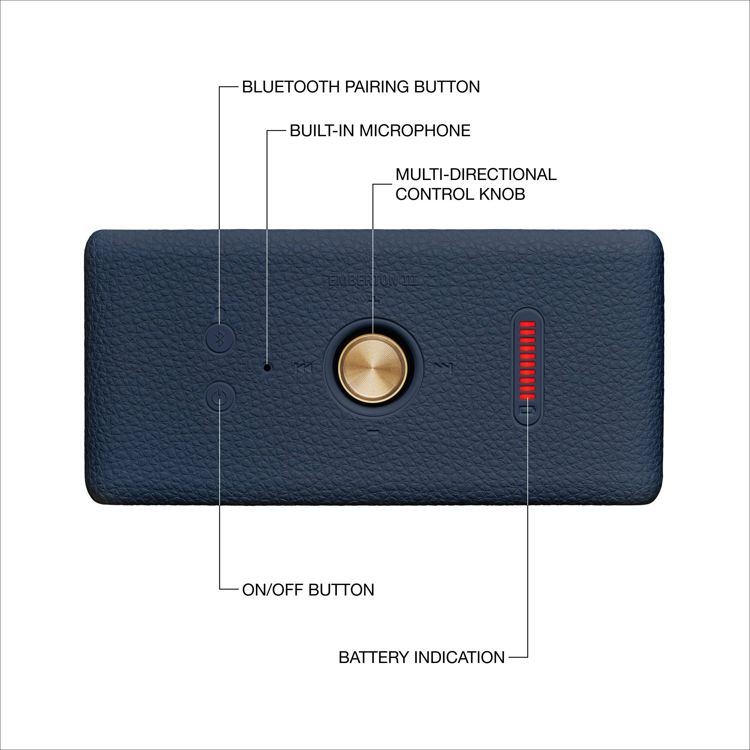 BLUETOOTH PAIRING BUTTON BUILT-IN MICROPHONE MULTI-DIRECTIONAL CONTROL KNOB ON/OFF BUTTON BATTERY INDICATION