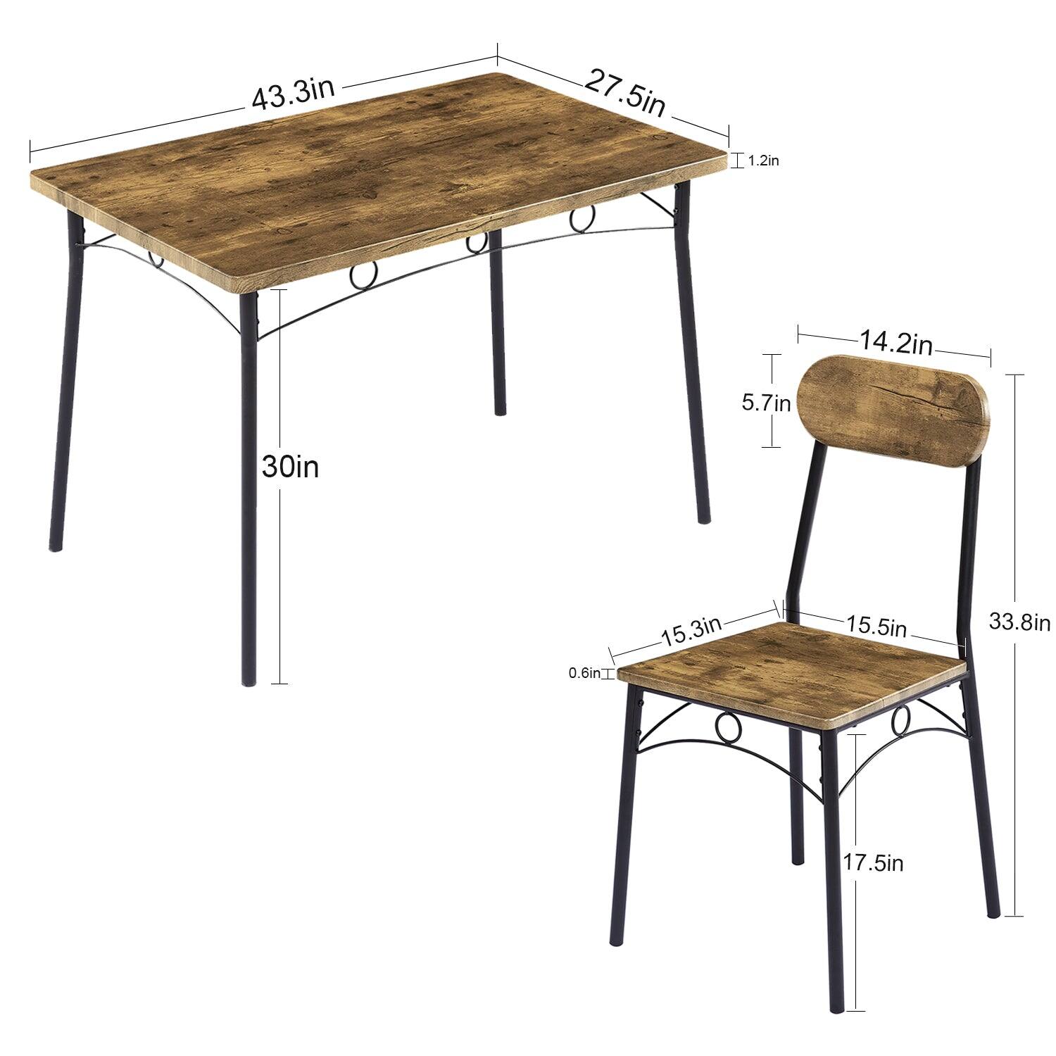 - Table:
  - Length: 43.3 in
  - Width: 27.5 in
  - Height: 30 in
  - Thickness: 1.2 in

- Chair:
  - Seat Length: 15.3 in
  - Seat Width: 15.5 in
  - Seat Height: 17.5 in
  - Back Height: 33.8 in
  - Back Width: 14.2 in
  - Seat Thickness: 0.6 in
  - Back Thickness: 5.7 in
