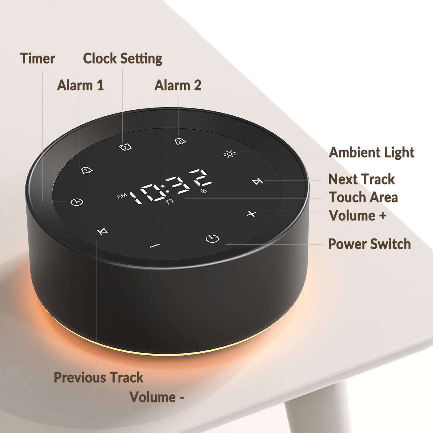 Timer  
Clock Setting  
Alarm 1  
Alarm 2  

Ambient Light  
Next Track  
Touch Area  
Volume +  
Power Switch  
Previous Track  
Volume -
