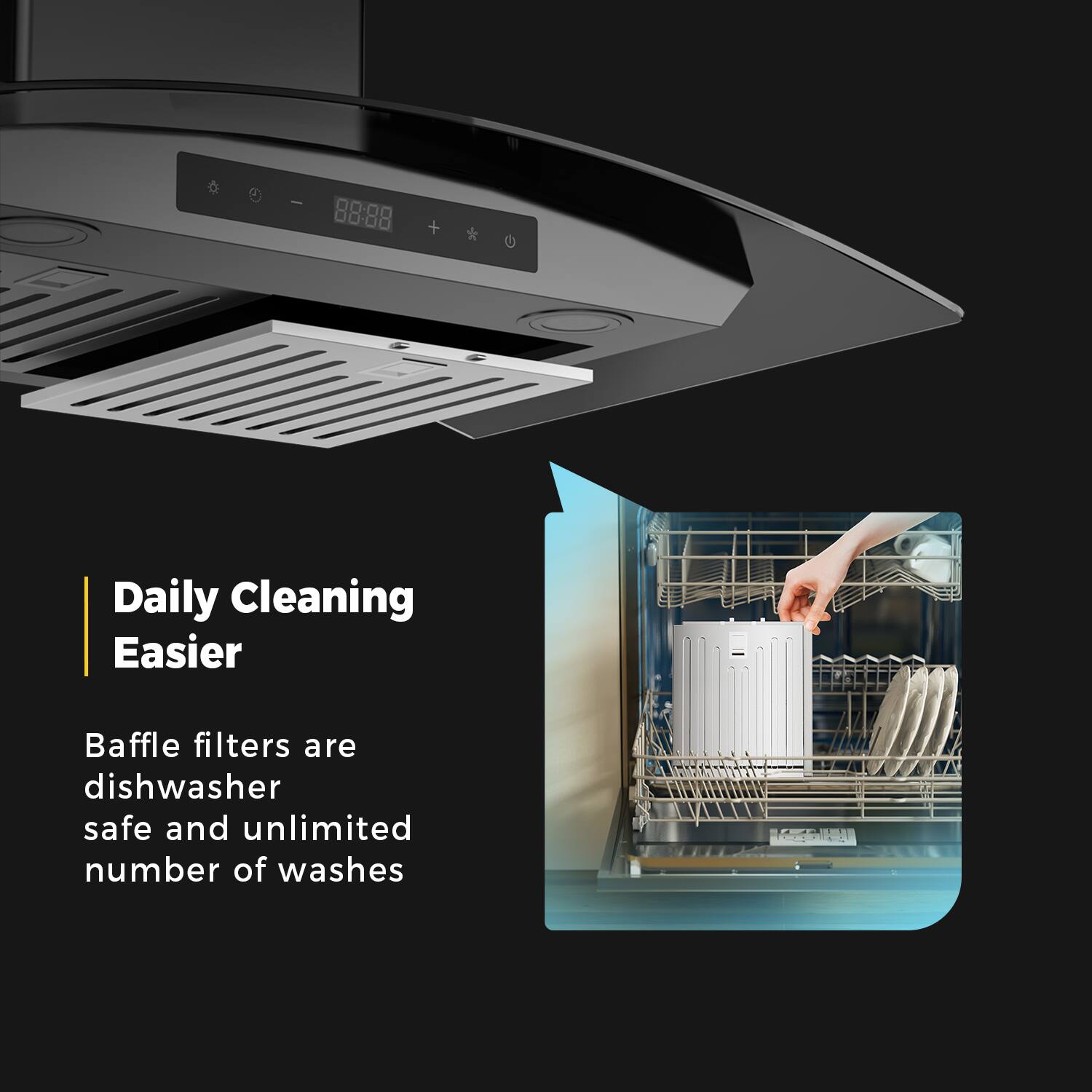 I am a + Daily Cleaning Easier Baffle filters are dishwasher safe and unlimited number of washes.