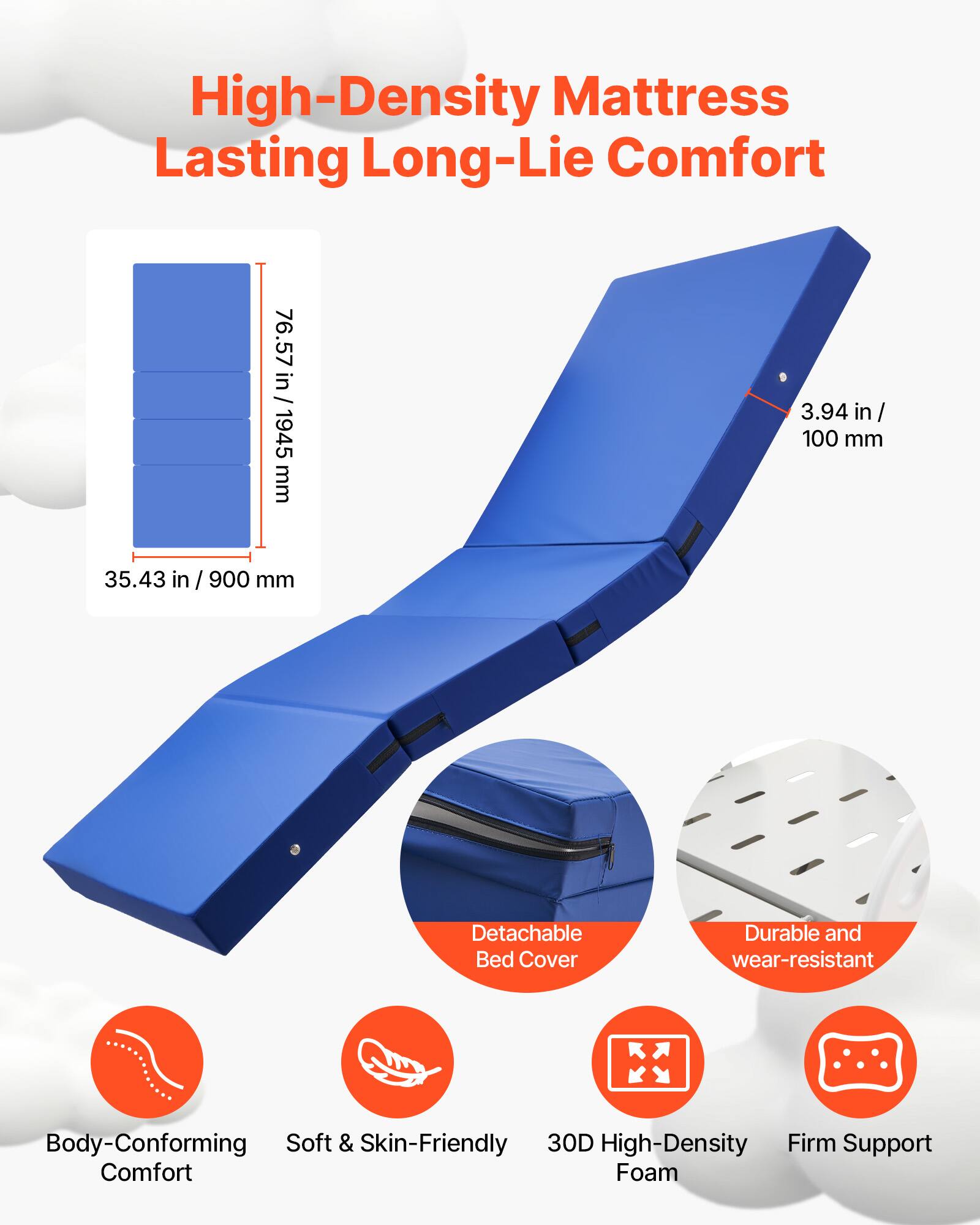 High-Density Mattress Lasting Long-Lie Comfort

- 76.57 in / 1945 mm
- 3.94 in / 100 mm
- 35.43 in / 900 mm

Features:
- Detachable Bed Cover
- Durable and wear-resistant
- Body-Conforming Soft & Skin-Friendly
- 30D High-Density Firm Support Comfort Foam